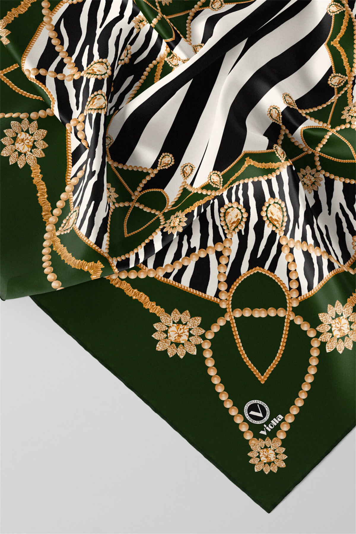 Twill Gold Detaylı Zebra Desenli Zümrüt Yeşili Renkli 90x90 Eşarp (İpek İçermez) Kenar Dikiş Şekli El Dikişli