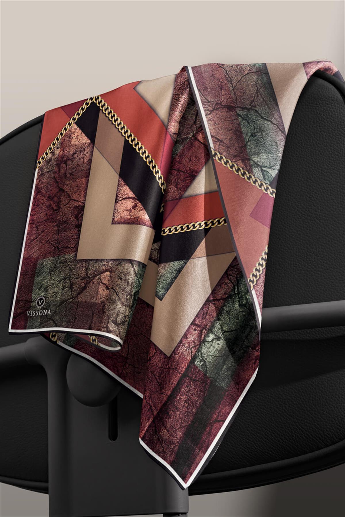 %100 Twill İpek Taş Efekti Desenli Taba - Siyah Renkli 90x90 Eşarp Dikim Şekli : El Dikişi