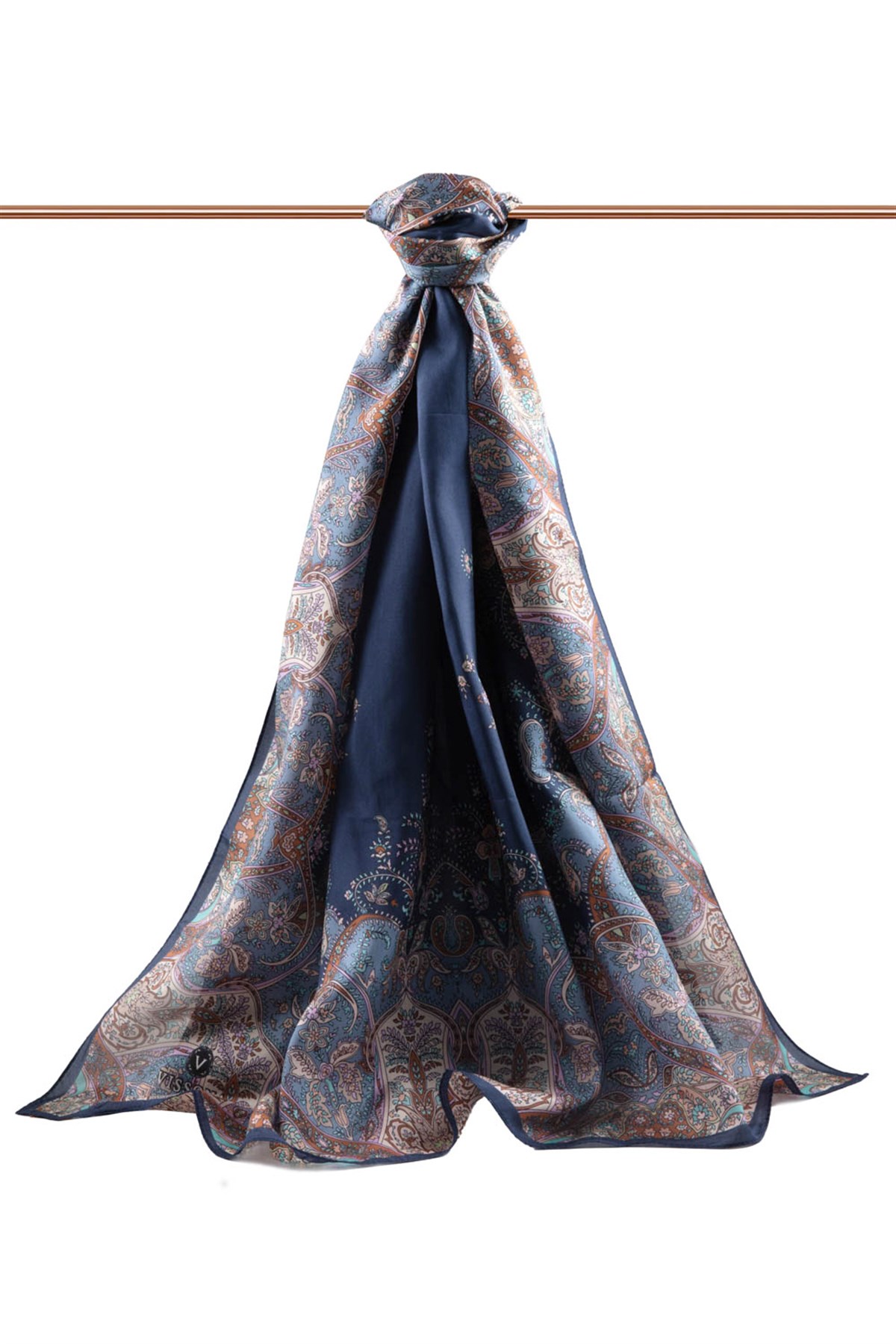 %100 İpek Etnik Desenli Lacivert Renkli 92x210 Şal