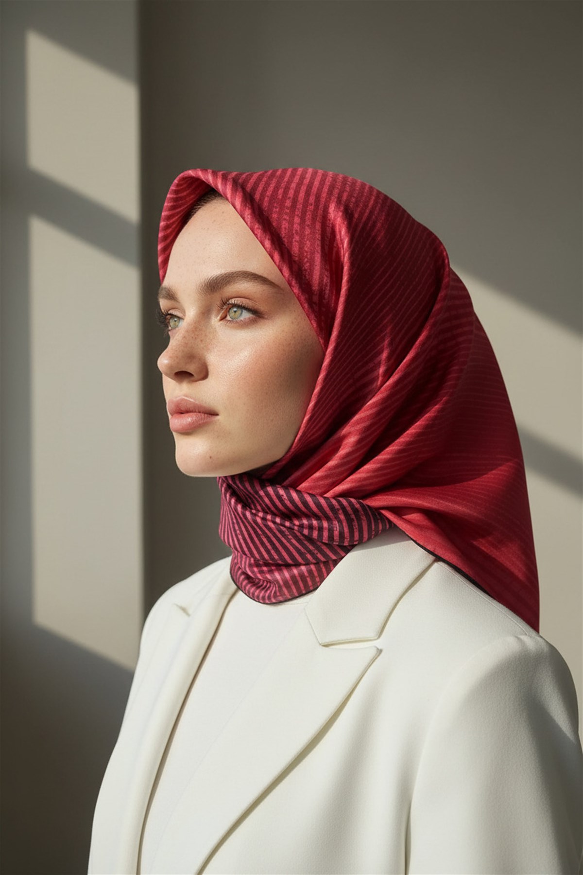 100% Twill İpek Geometrik Desenli Kırmızı Renkli 90x90 Dikim Şekli : El Dikişi Eşarp