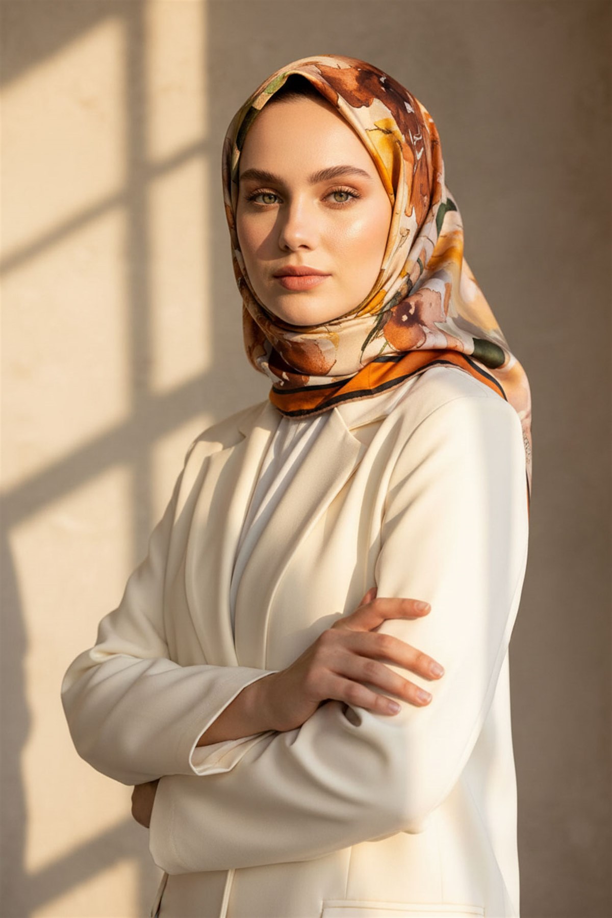%100 Twill İpek Sulu Boyalı Çiçek Desenli Turuncu - Gold Renkli 90x90 Eşarp Dikim Şekli : El Dikişi