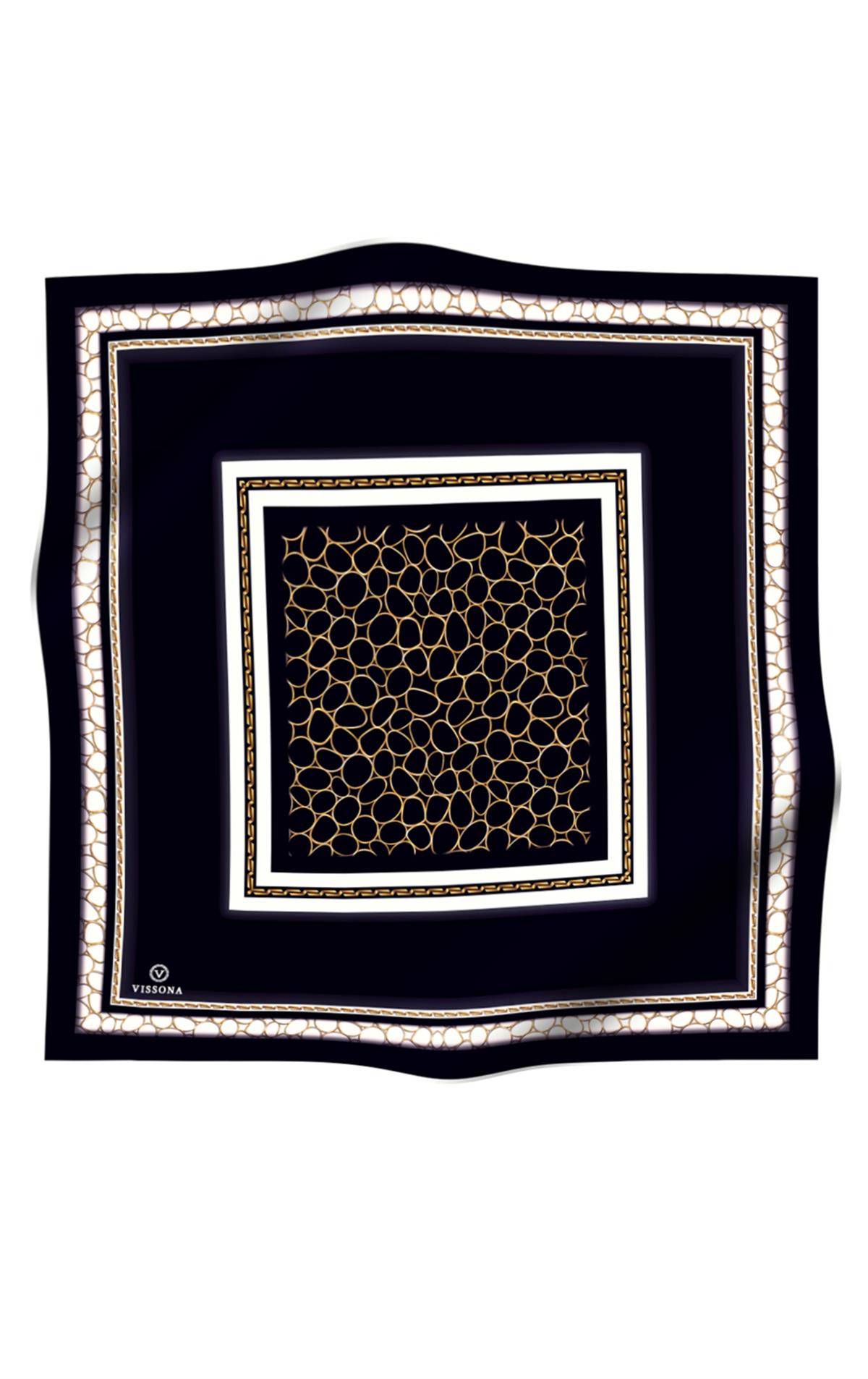 %100 Twill İpek Gold Halka Desenli Siyah - Krem Renkli 90x90 Eşarp Dikim Şekli : El Dikişi