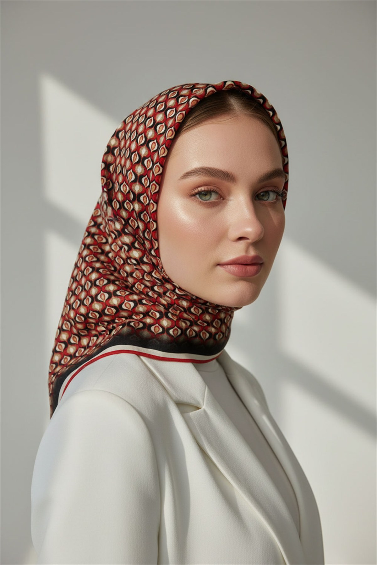 Twill Çıtır Desenli Kırmızı Renkli 90x90 Eşarp (İpek İçermez) Kenar Dikiş Şekli El Dikişli