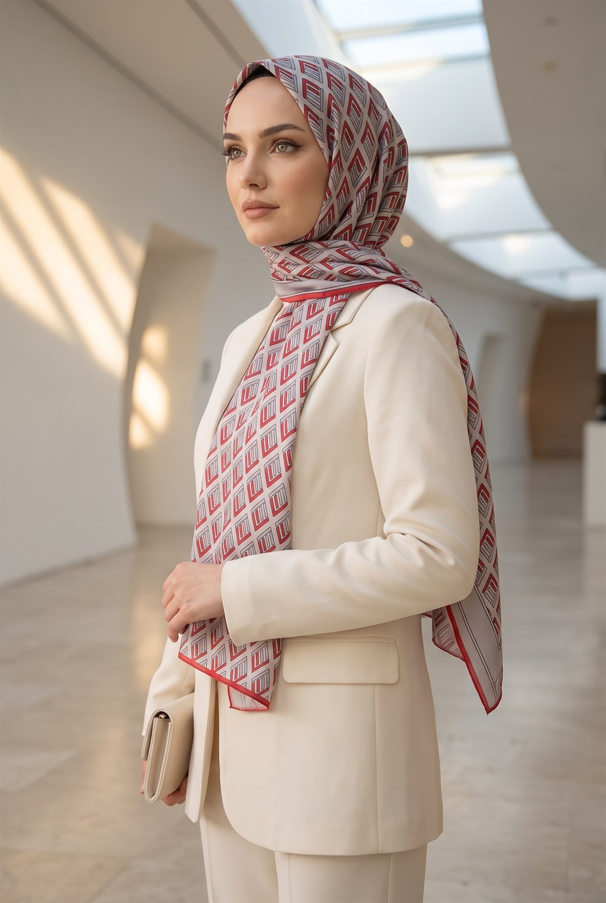 %100 Saf İpek Şal İnce Saten Vual Dokuma Geometrik Desenli 90x210 Şal