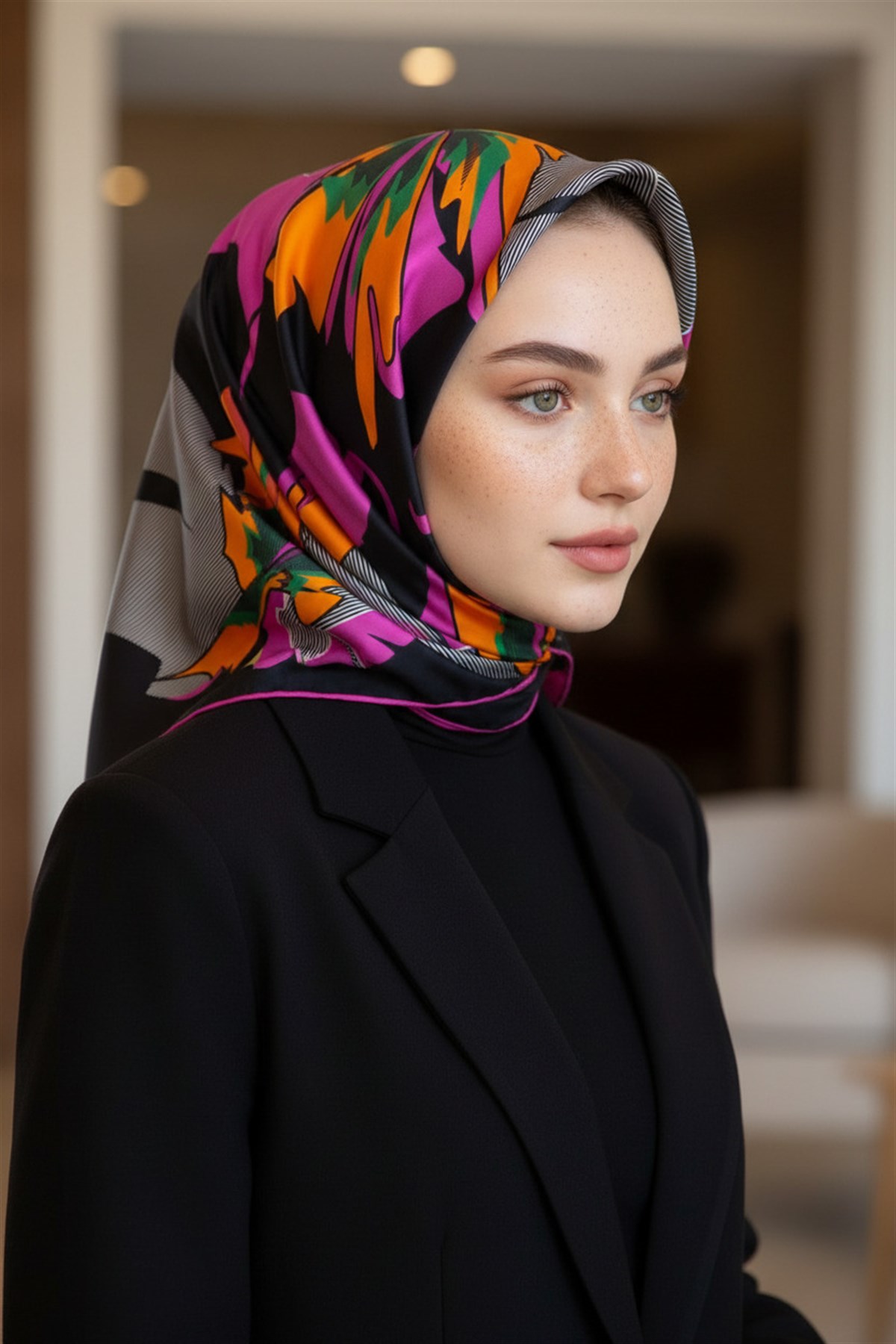 %100 Twill İpek Çiçek Desenli Siyah - Fuşya Renkli 90x90 Eşarp Dikim Şekli : El Dikişi