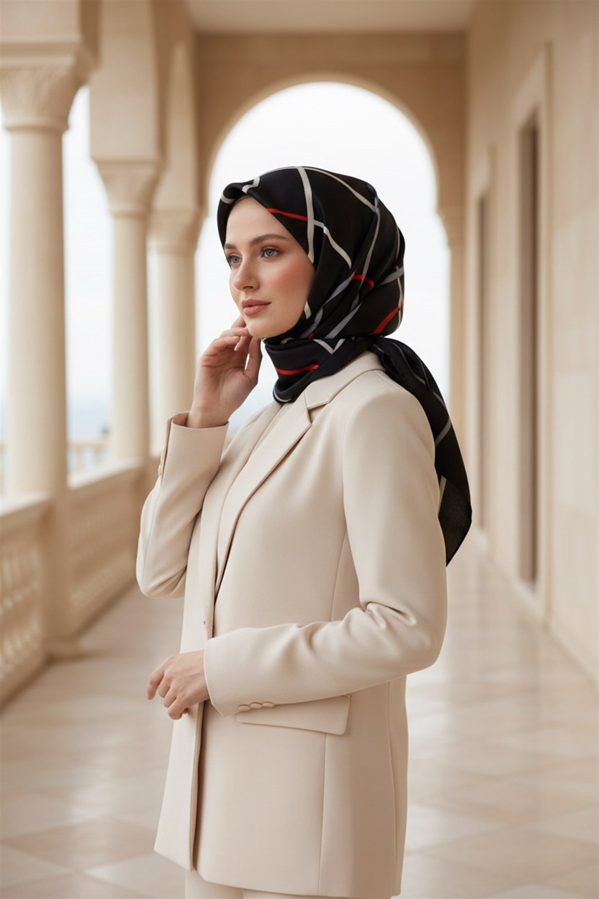 %100 Twill İpek Çizgili Desenli Siyah - Kırmızı Renkli 90x90 Eşarp Dikim Şekli : El Dikişi