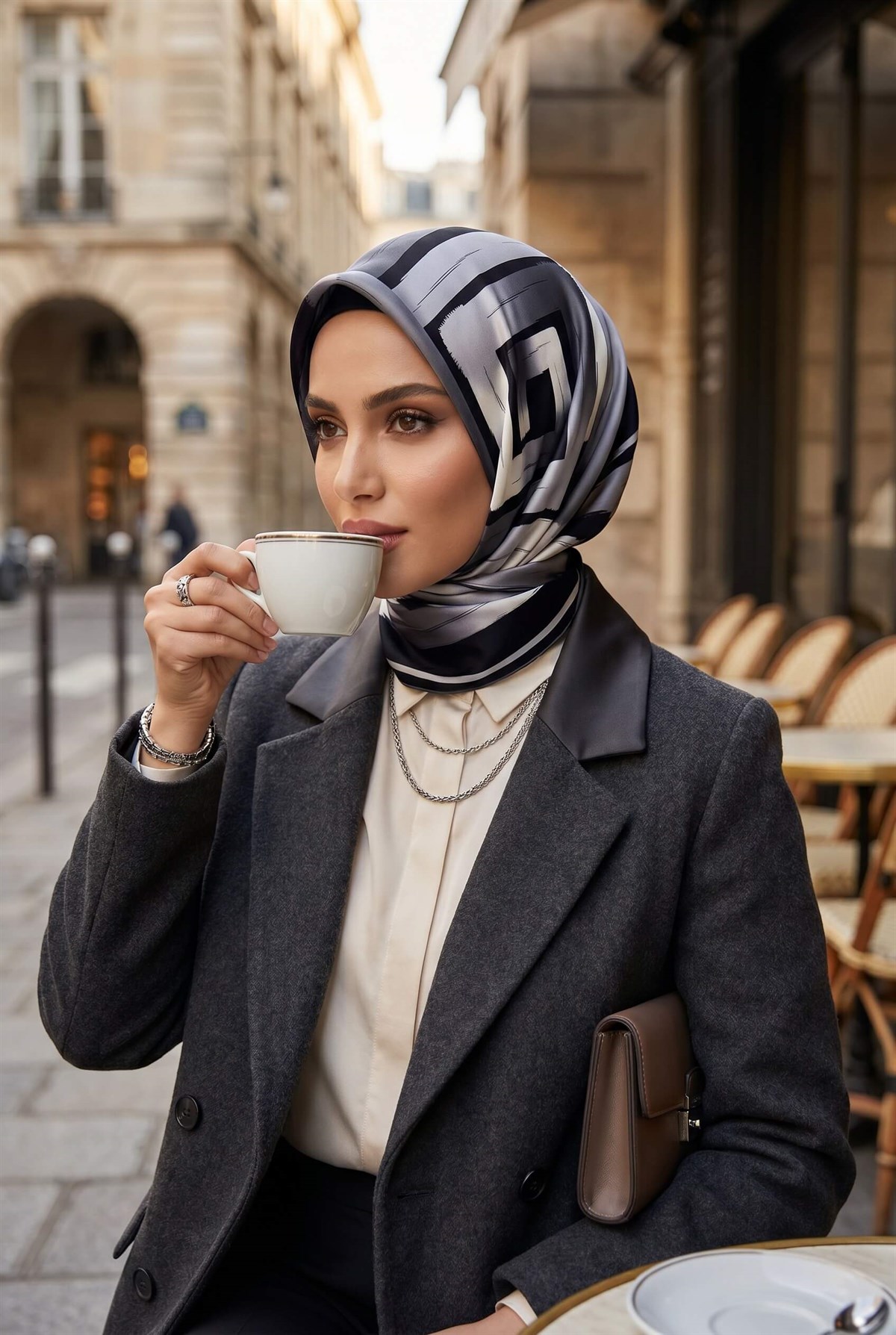 %100 Twill İpek Geometrik Fırça İzi Desenli Siyah - Gri Renkli 90x90 Eşarp Dikim Şekli : El Dikişi