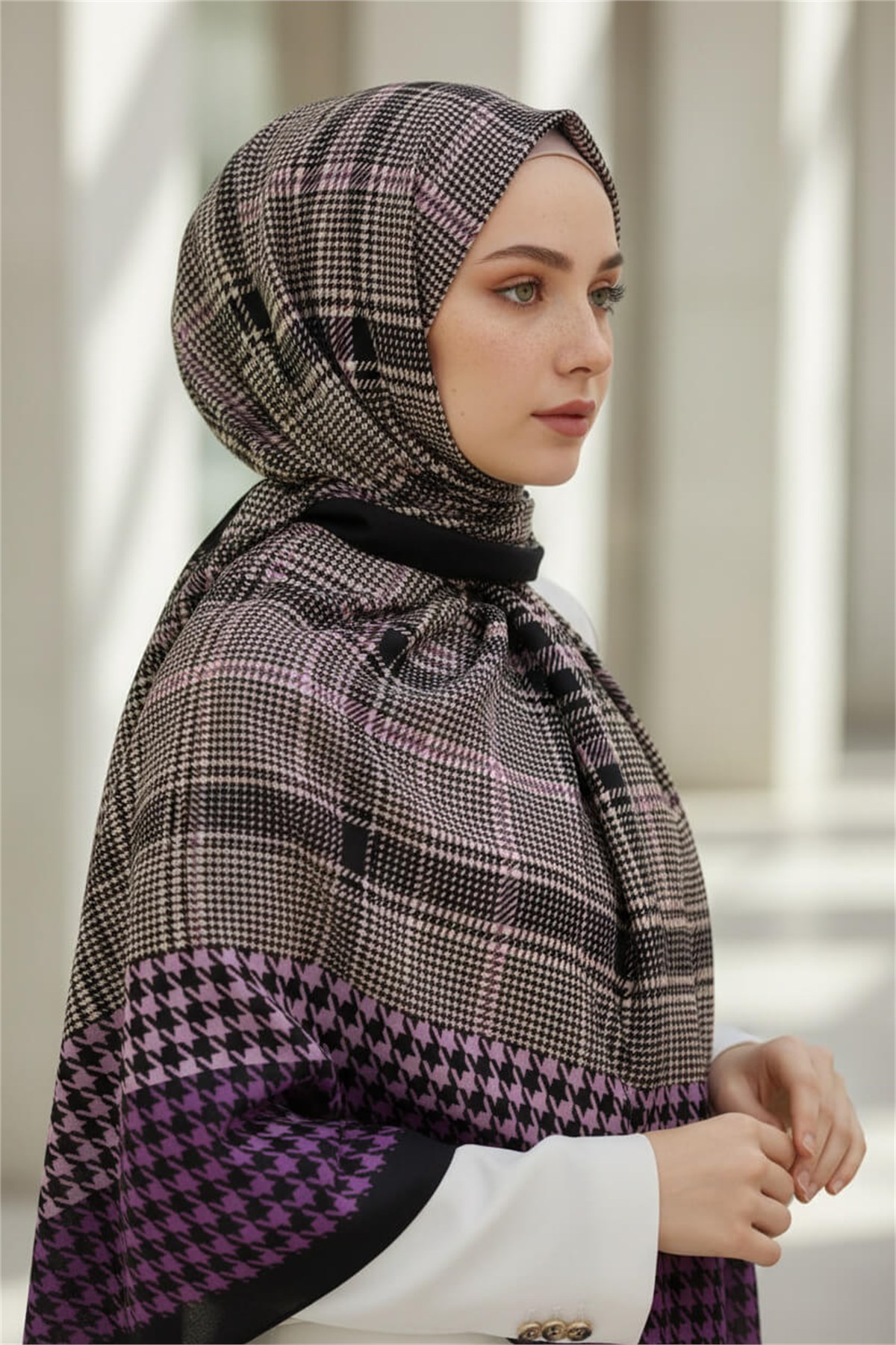 KREP EKOSELİ KAZAYAK DESENLİ LİLA RENKLİ 75X195 KIRIŞMAZ ŞAL