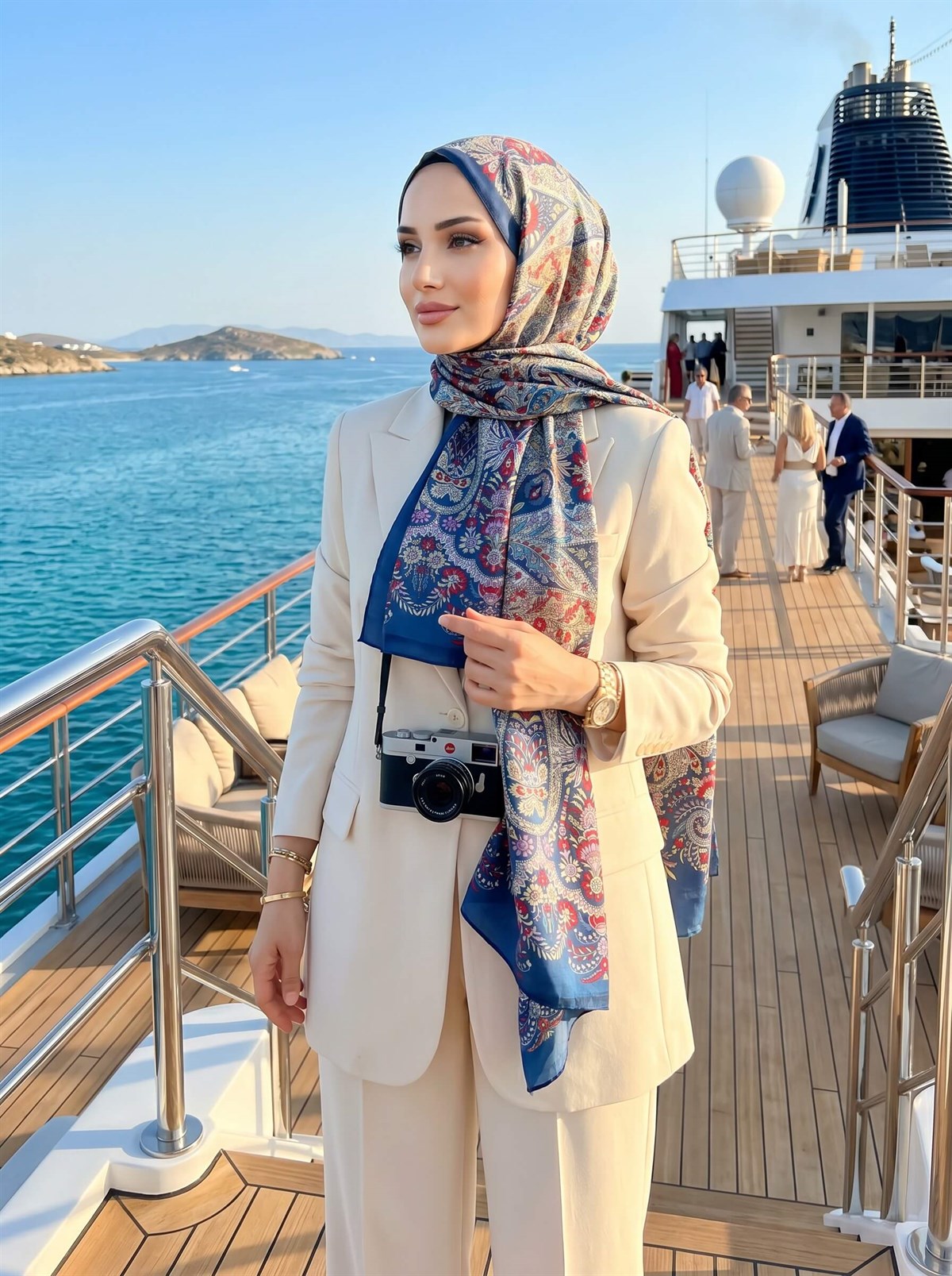 %100 Saf İpek Şal İnce Saten Vual Dokuma Etro Desenli Lacivert - Kırmızı Renkli 90x210 Şal