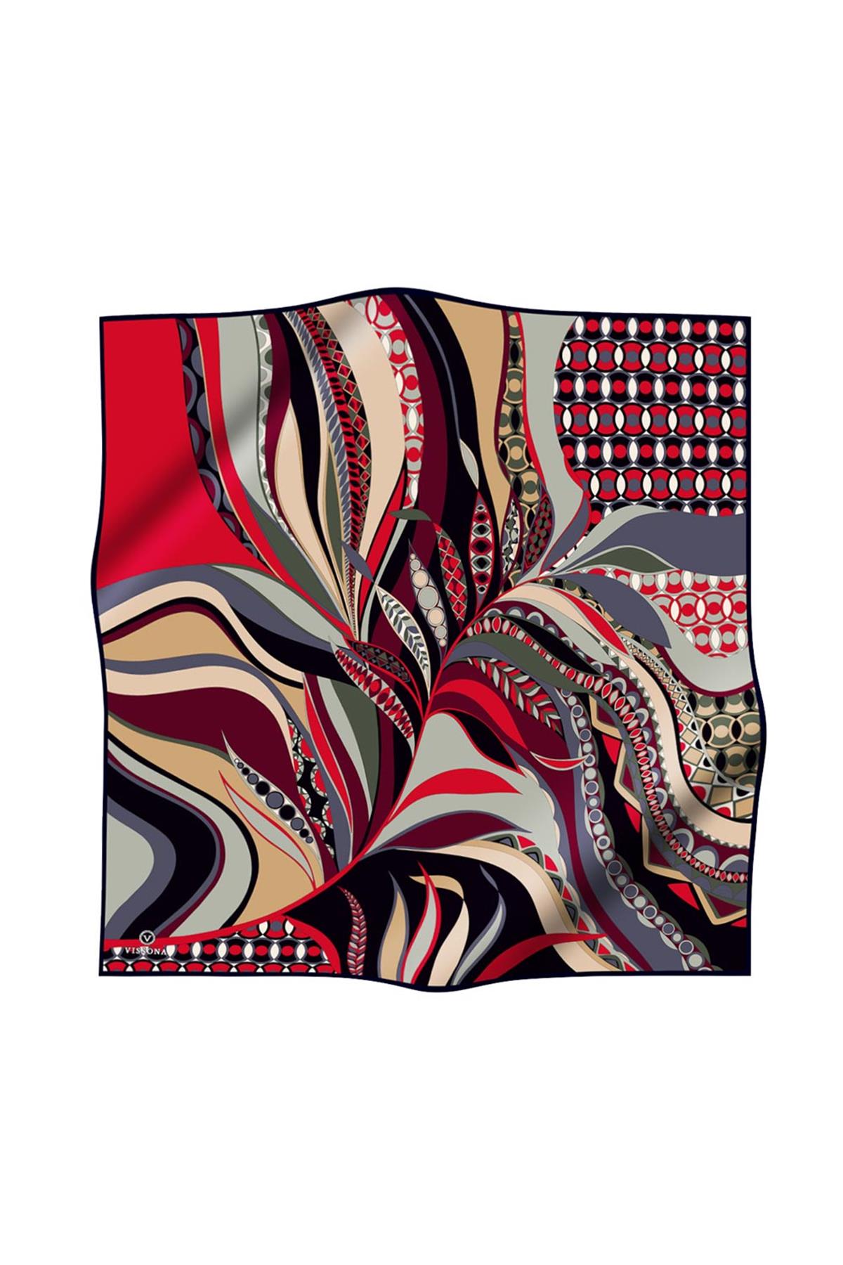 100% Twill Etnik Yaprak Desenli Kırmızı Renkli 90x90 Dikim Şekli : El Dikişi Eşarp