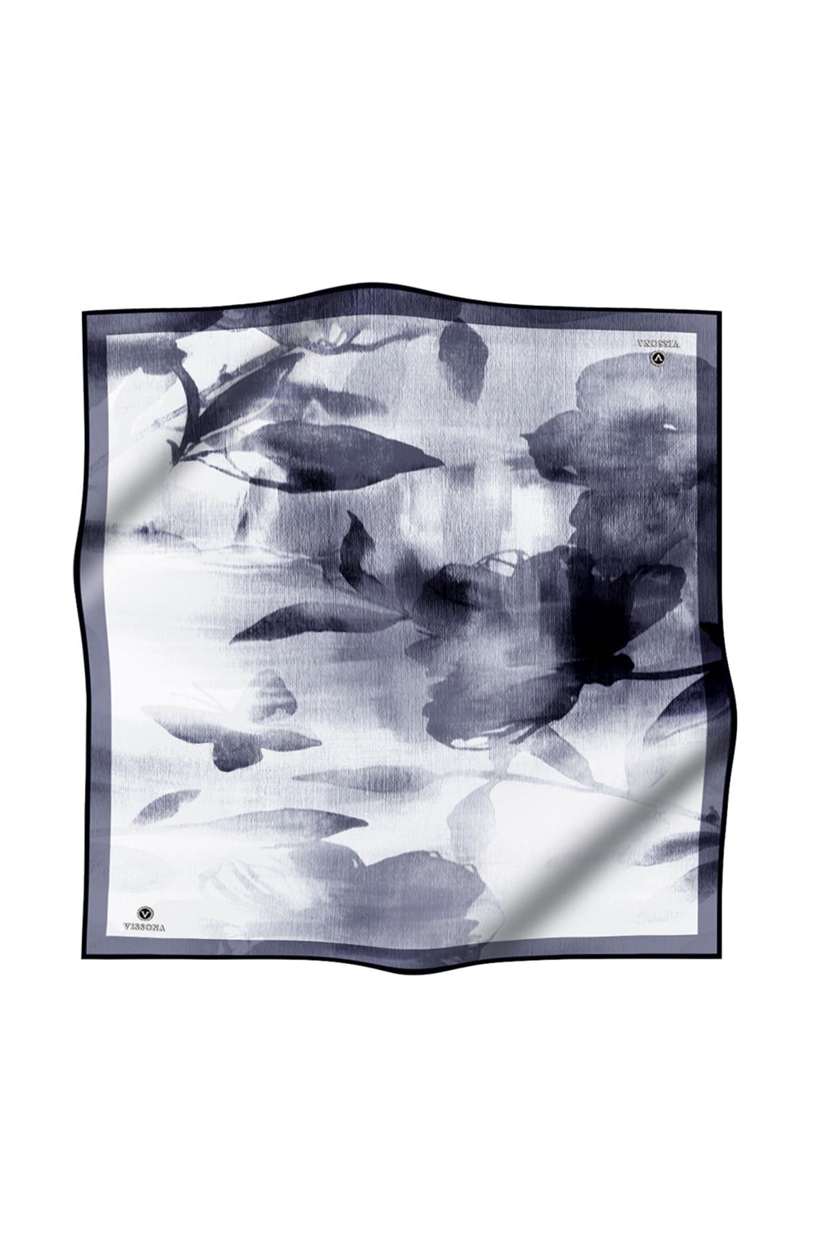 %100 Twill İpek Yaprak Desenli Gri - Siyah Renkli 90x90 Eşarp Dikim Şekli : El Dikişi