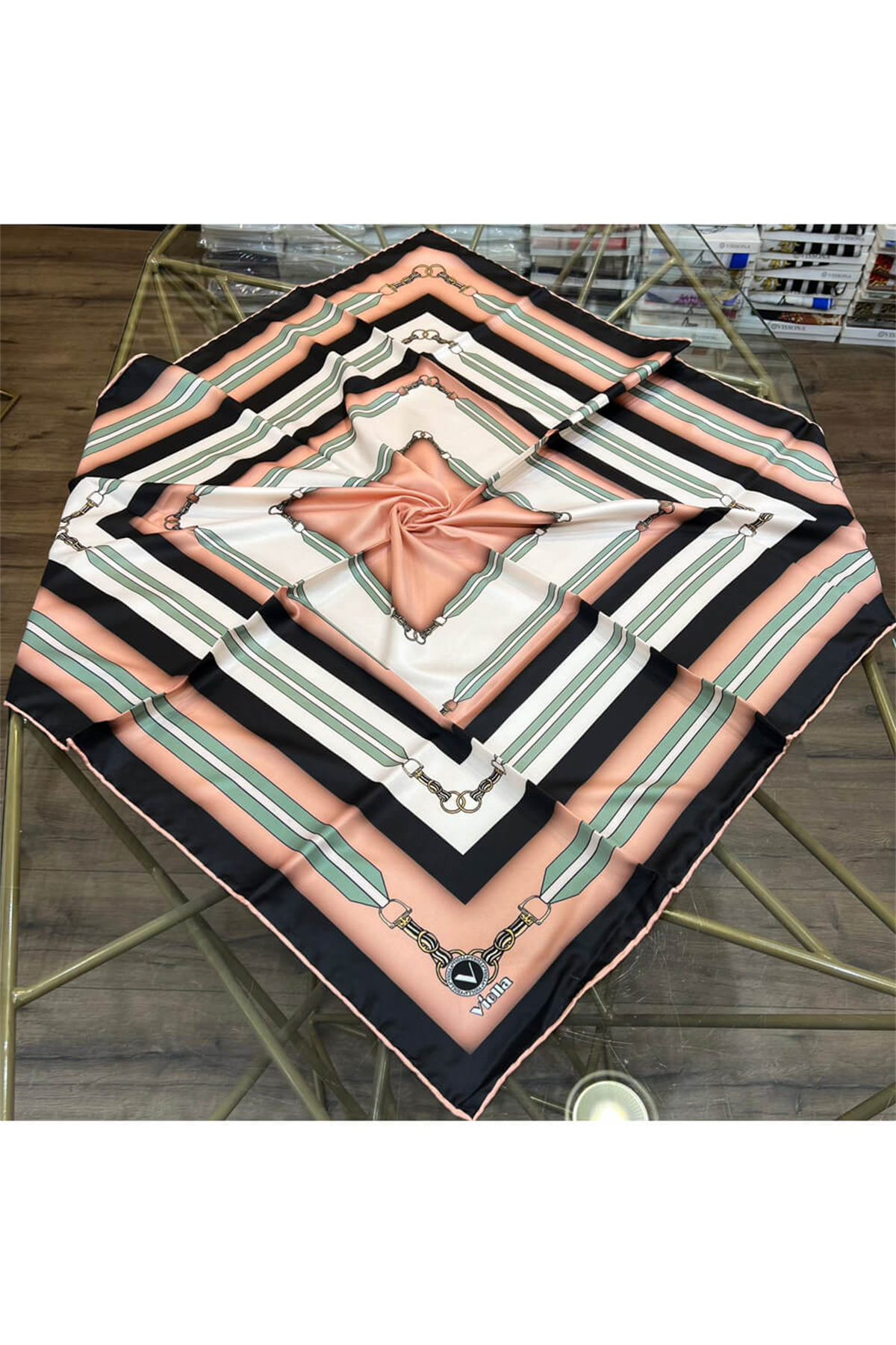 Twill Kemer Desenli Somon Renkli 90x90 Eşarp (İpek İçermez) Dikim Şekli : El Dikişi