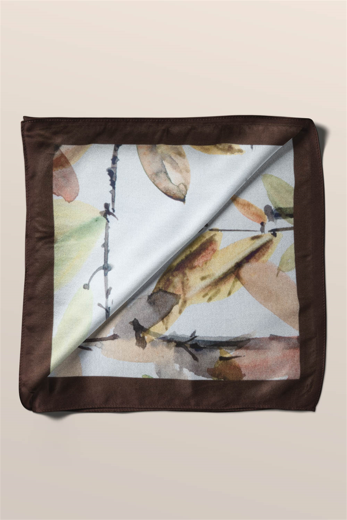 B108 Kadın Yaprak Desenli Bandana 50x50 Yeşil Kahverengi DG0443-22 Snz