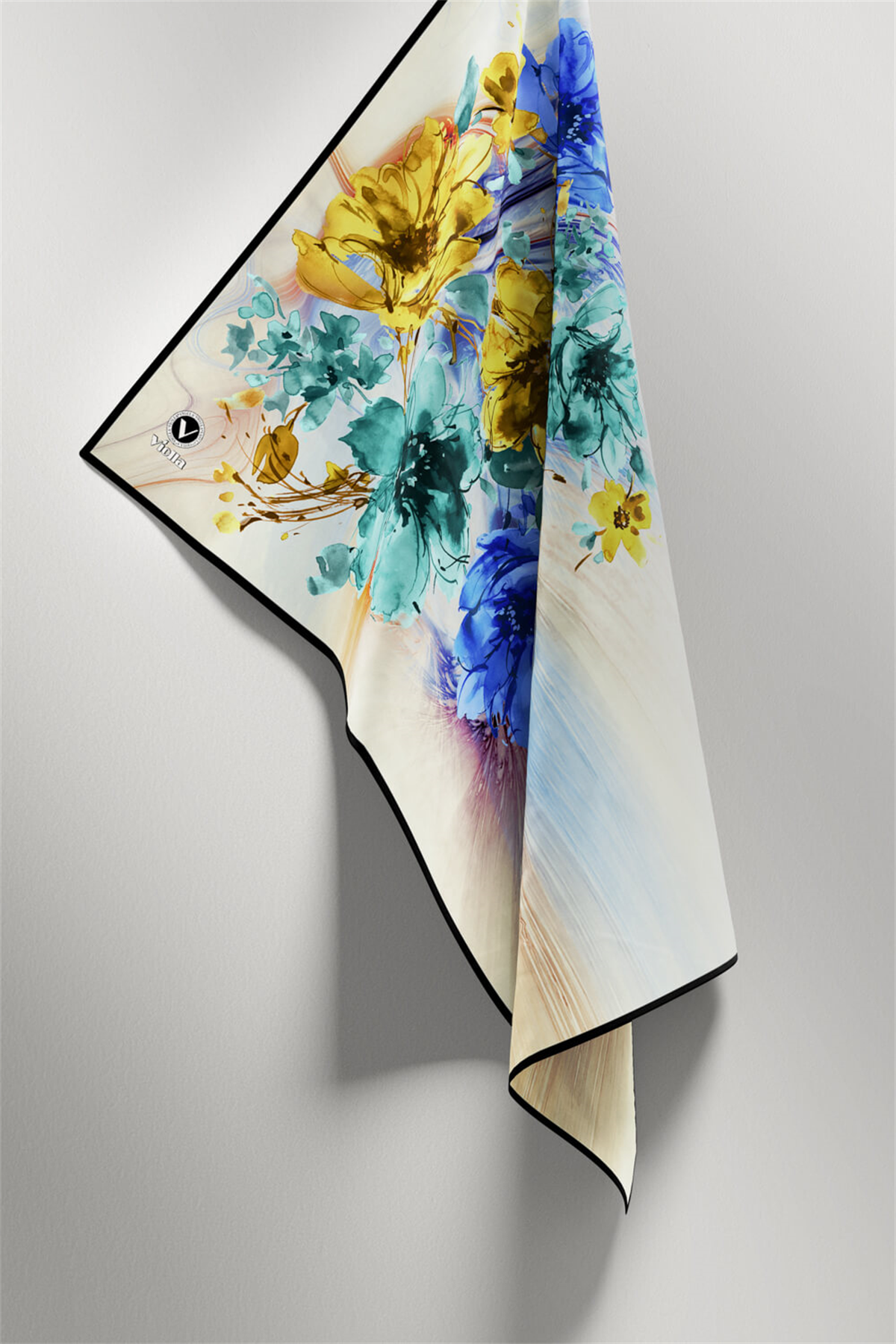 Twill Çiçek Desenli Siyah Renkli 90x90 Eşarp (İpek İçermez) Kenar Dikiş Şekli El Dikişli