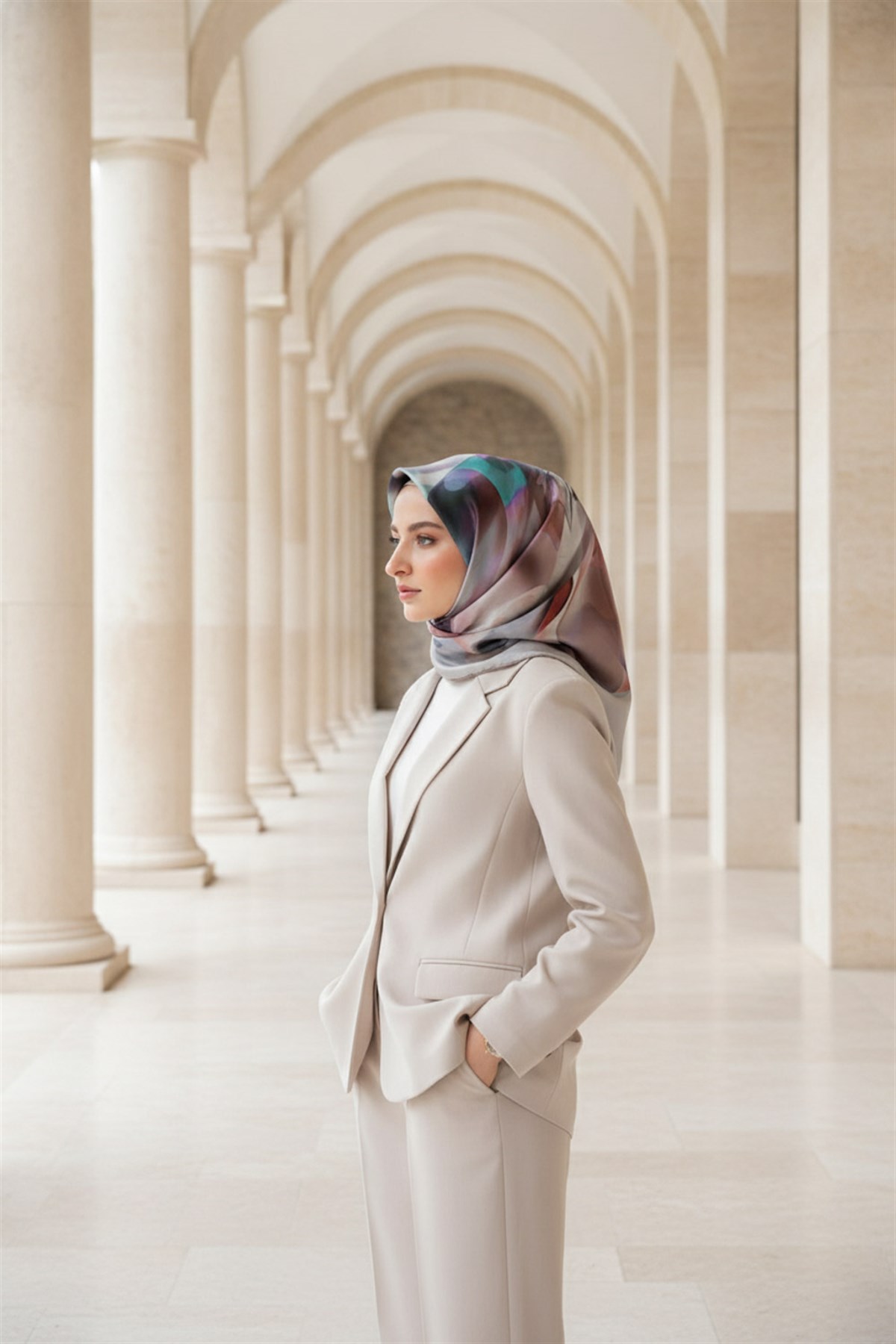 %100 Twill İpek Büyük Çiçek Desenli Gri - Somon Renkli 90x90 Eşarp Dikim Şekli : El Dikişi