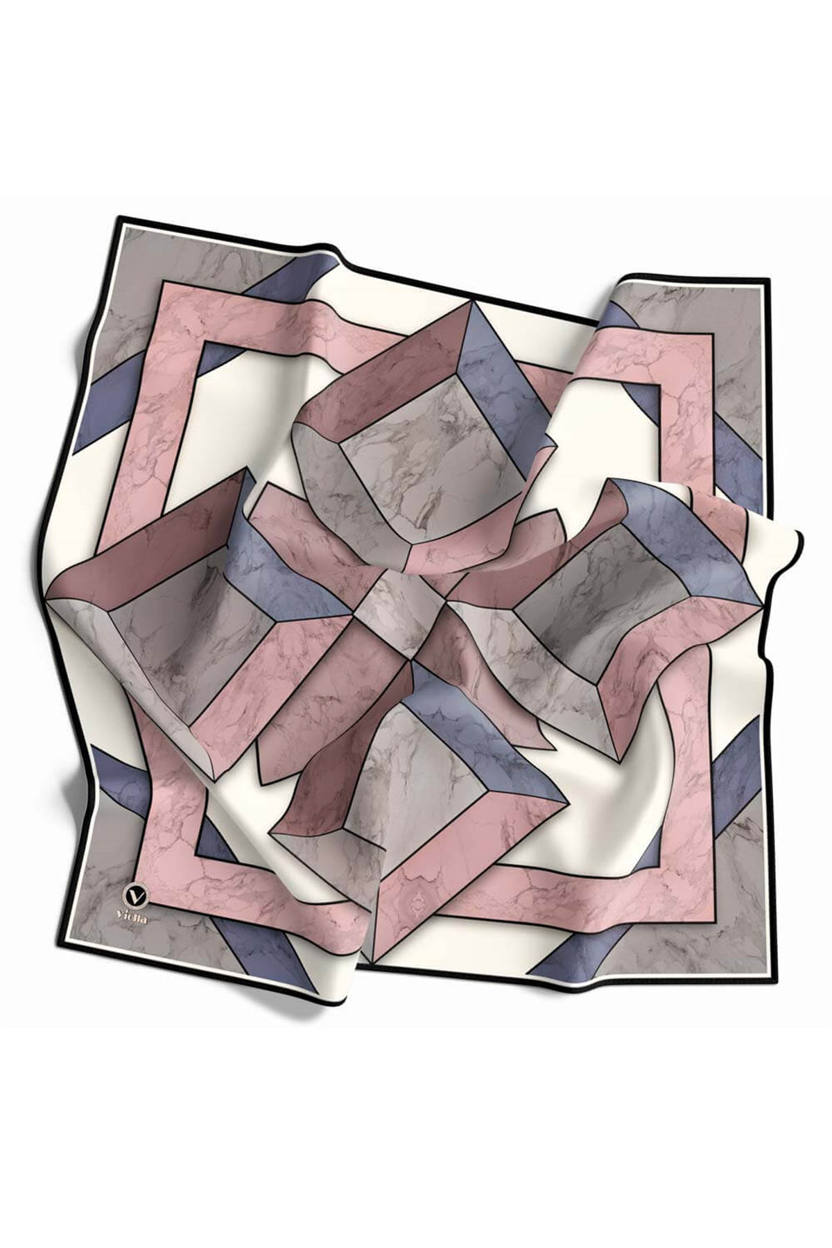 Twill Mermer Desenli Pudra - Bebe Mavisi Renkli 90x90 Eşarp (İpek İçermez) Kenar Dikiş Şekli El Dikişli