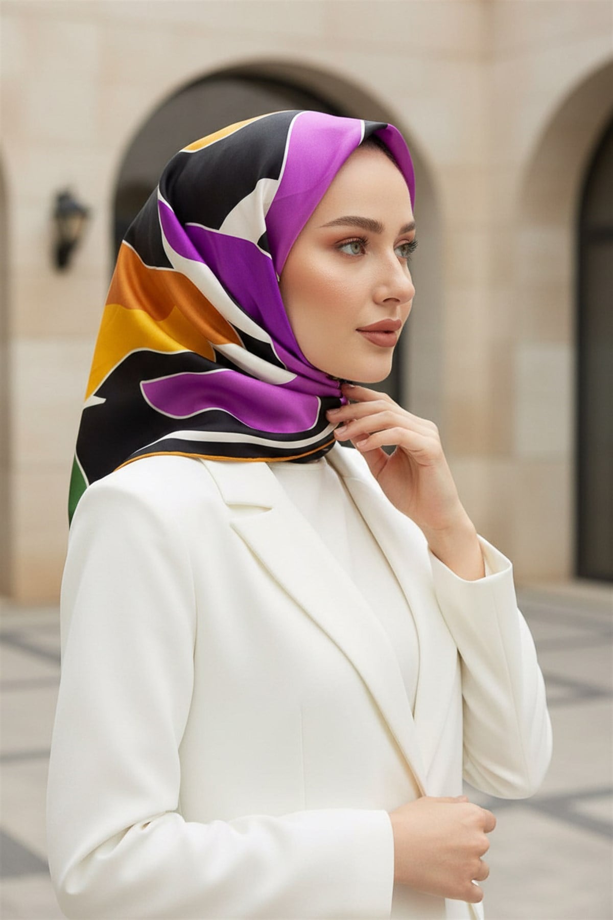 %100 Twill İpek Yaprak Desenli Pembe - Hardal Renkli 90x90 Eşarp Dikim Şekli : El Dikişi
