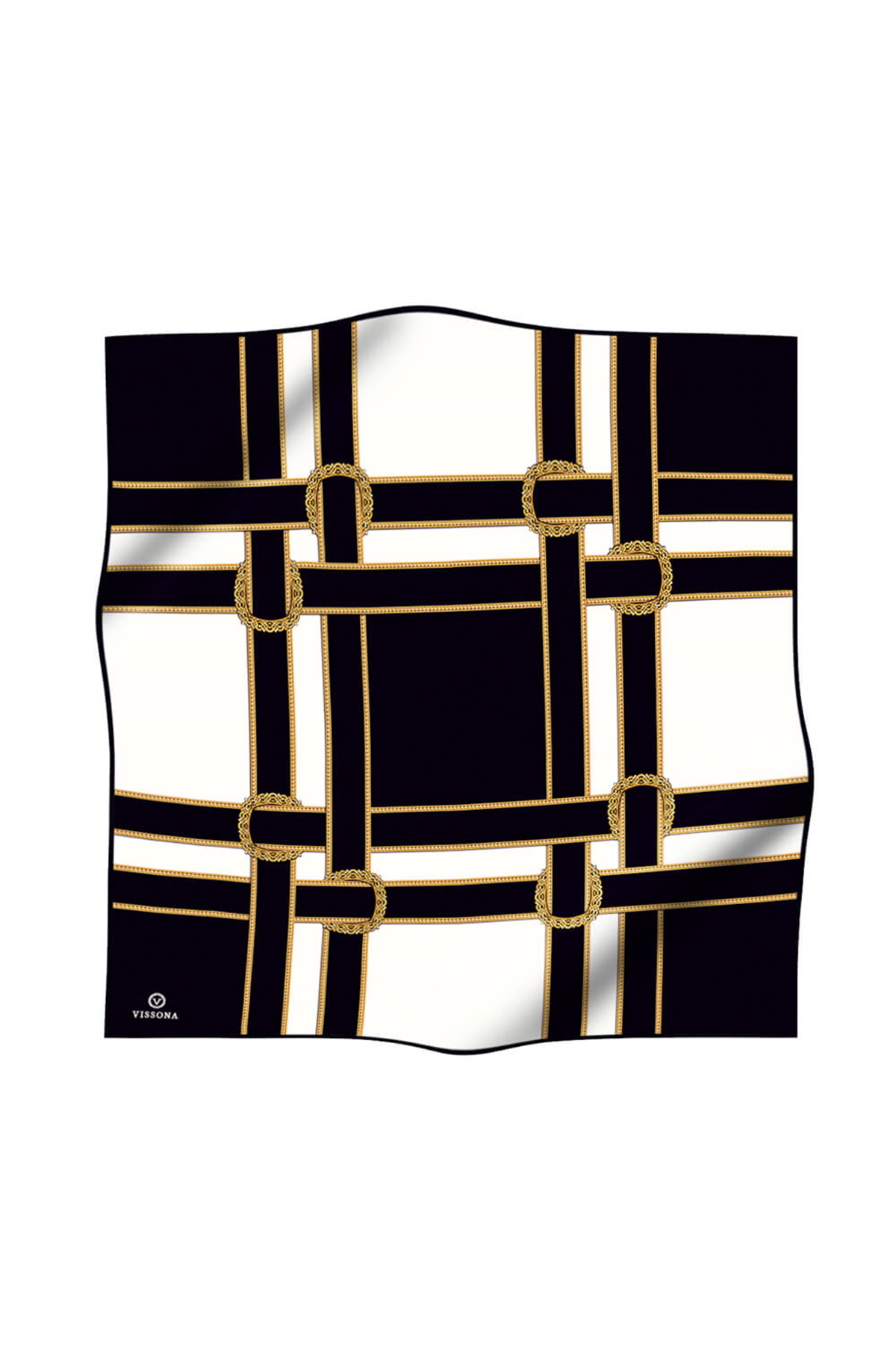 % 57 İPEK % 43 VİSKON Twill İpek Geometrik Desenli Siyah - Krem Renkli 90x90 Eşarp Dikim Şekli : El Dikişi