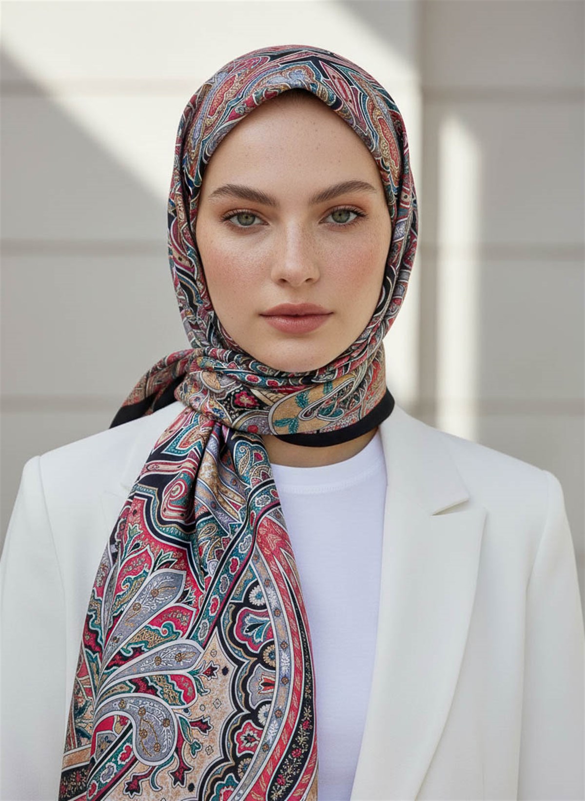 %100 Saf İpek Şal İnce Saten Vual Dokuma Etnik Desenli Siyah - Bordo Renkli 90x210 Şal
