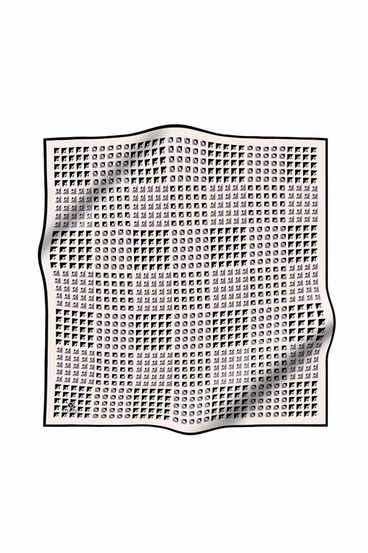 %100 Twill İpek Geometrik Desenli Beyaz - Siyah Renkli 90x90 Eşarp Dikim Şekli : El Dikişi