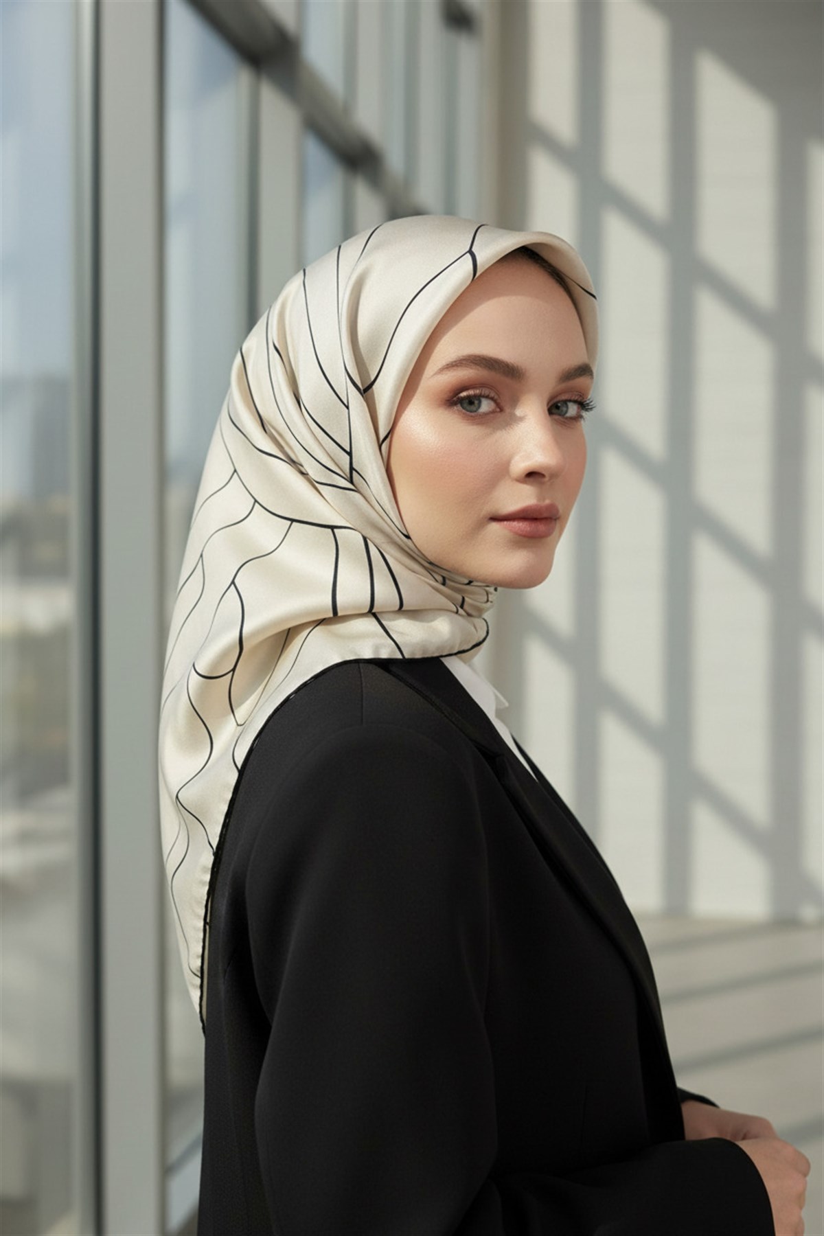 %100 Twill İpek Çizgi Desenli Krem - Siyah Renkli 90x90 Eşarp Dikim Şekli : El Dikişi