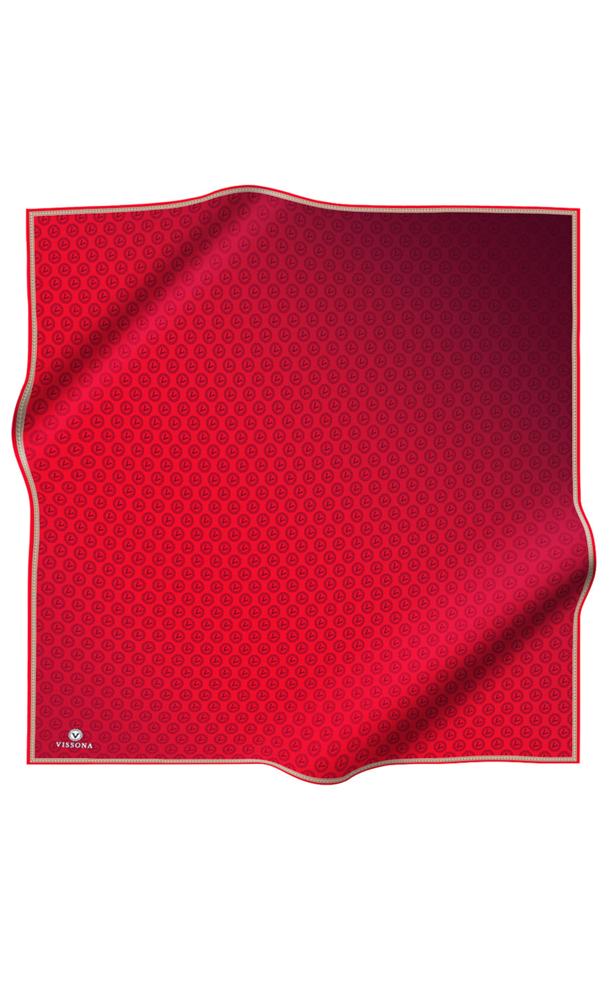 % 57 İPEK % 43 VİSKON Twill İpek Monogram Desenli Kırmızı Renkli 90x90 Eşarp Dikim Şekli : El Dikişi