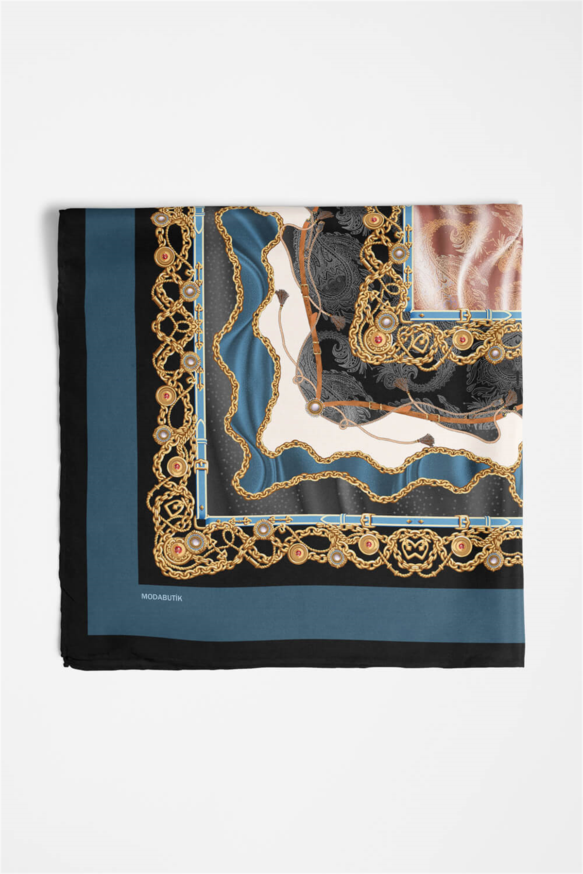 D117 Kadın Zincir  Desenli Bandana 50x50 Mavi DG0222-22 Snz