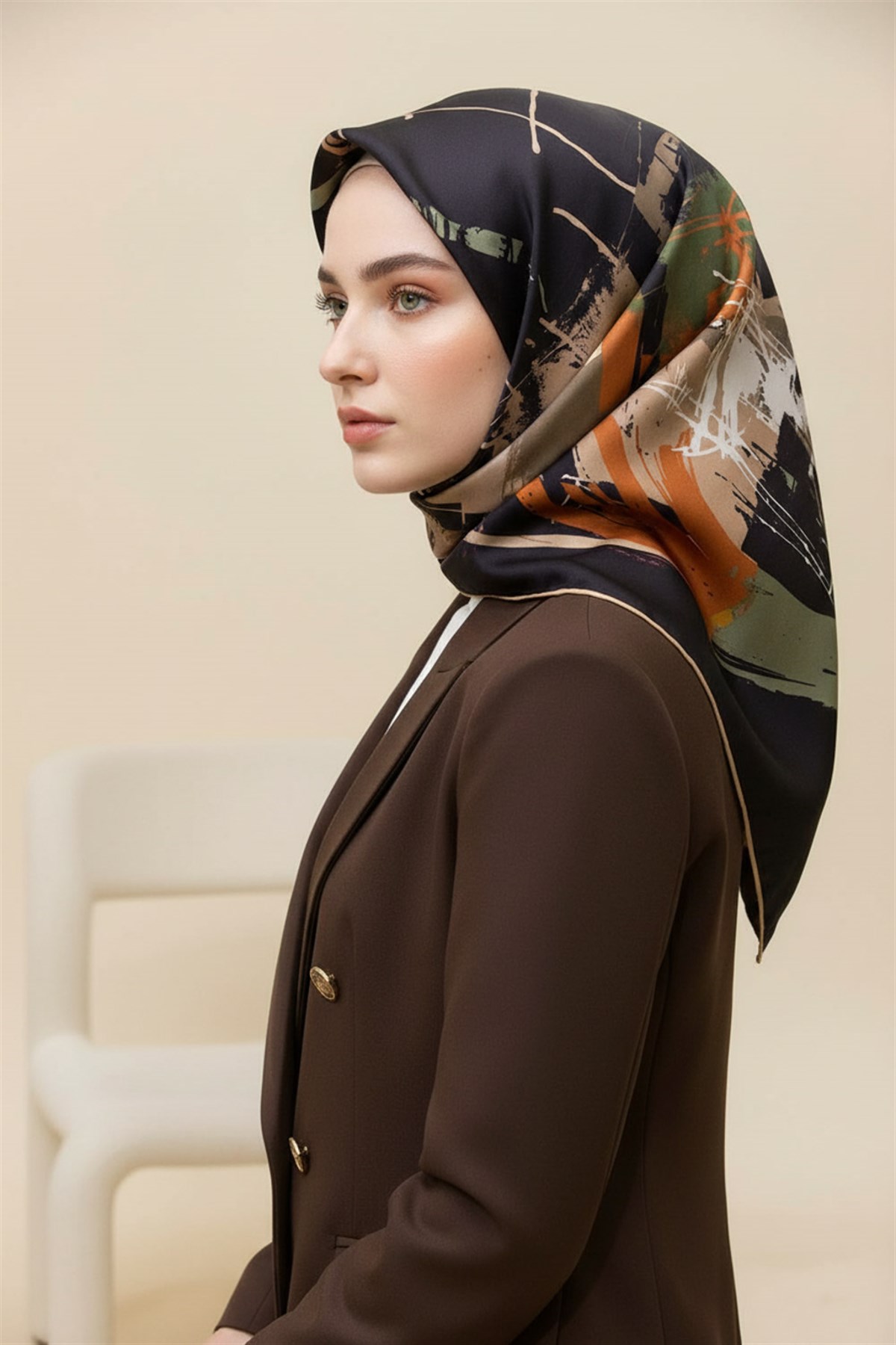 %100 Twill İpek Geometrik Desenli Taba - Haki Renkli 90x90 Eşarp Dikim Şekli : El Dikişi