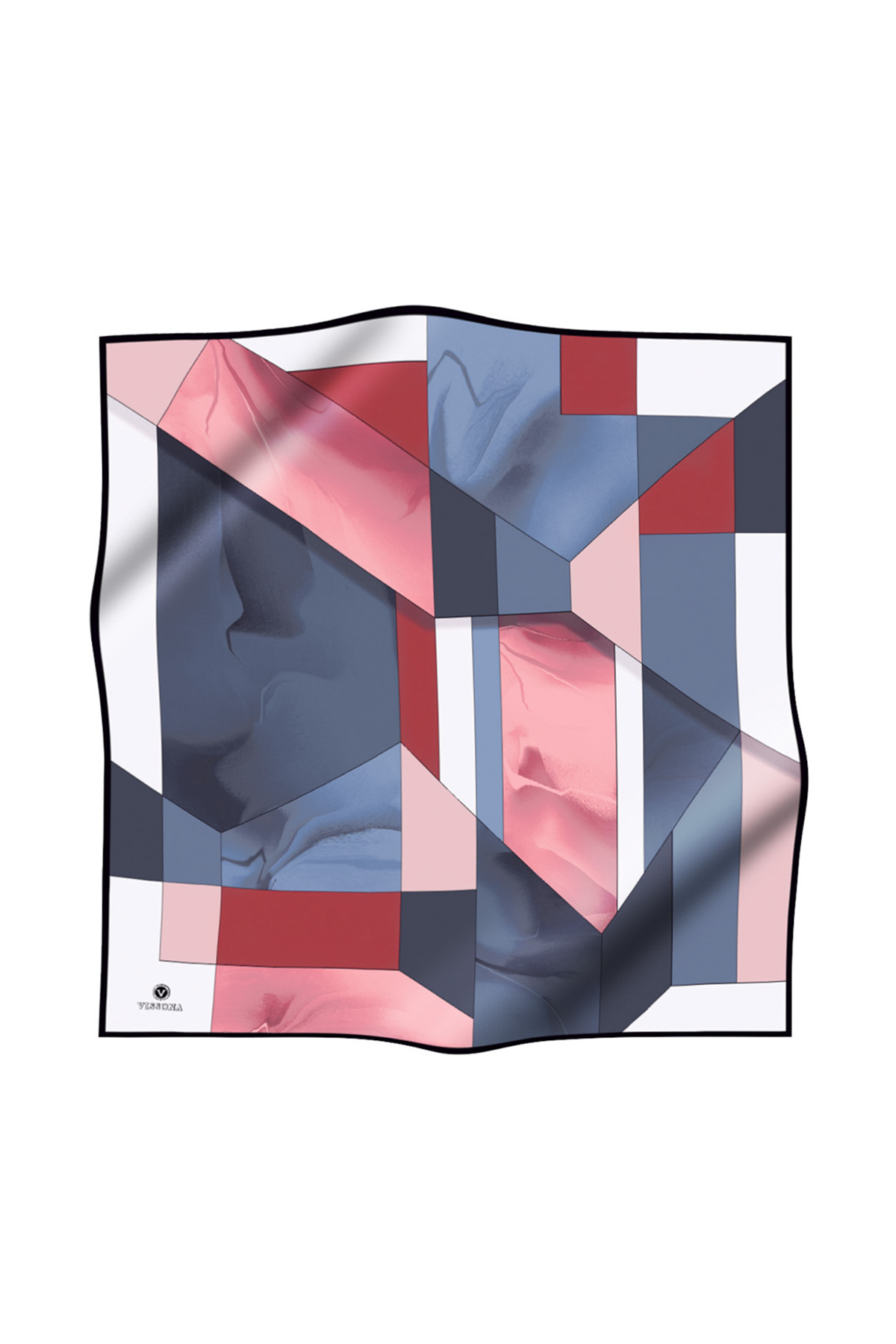 %100 Twill İpek Geometrik Desenli İndigo - Pembe Renkli 90x90 Eşarp Dikim Şekli : El Dikişi