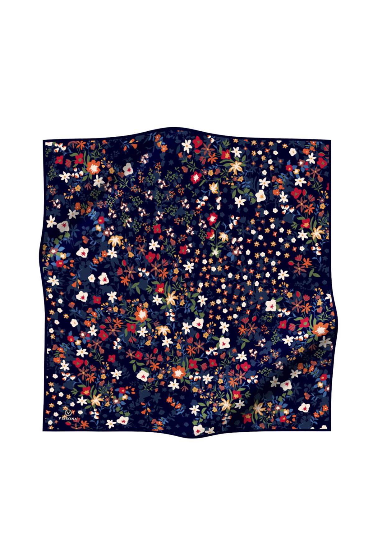 %100 Twill İpek Çıtır Çiçek Desenli Lacivert - Kırmızı Renkli 90x90 Eşarp Dikim Şekli : El Dikişi