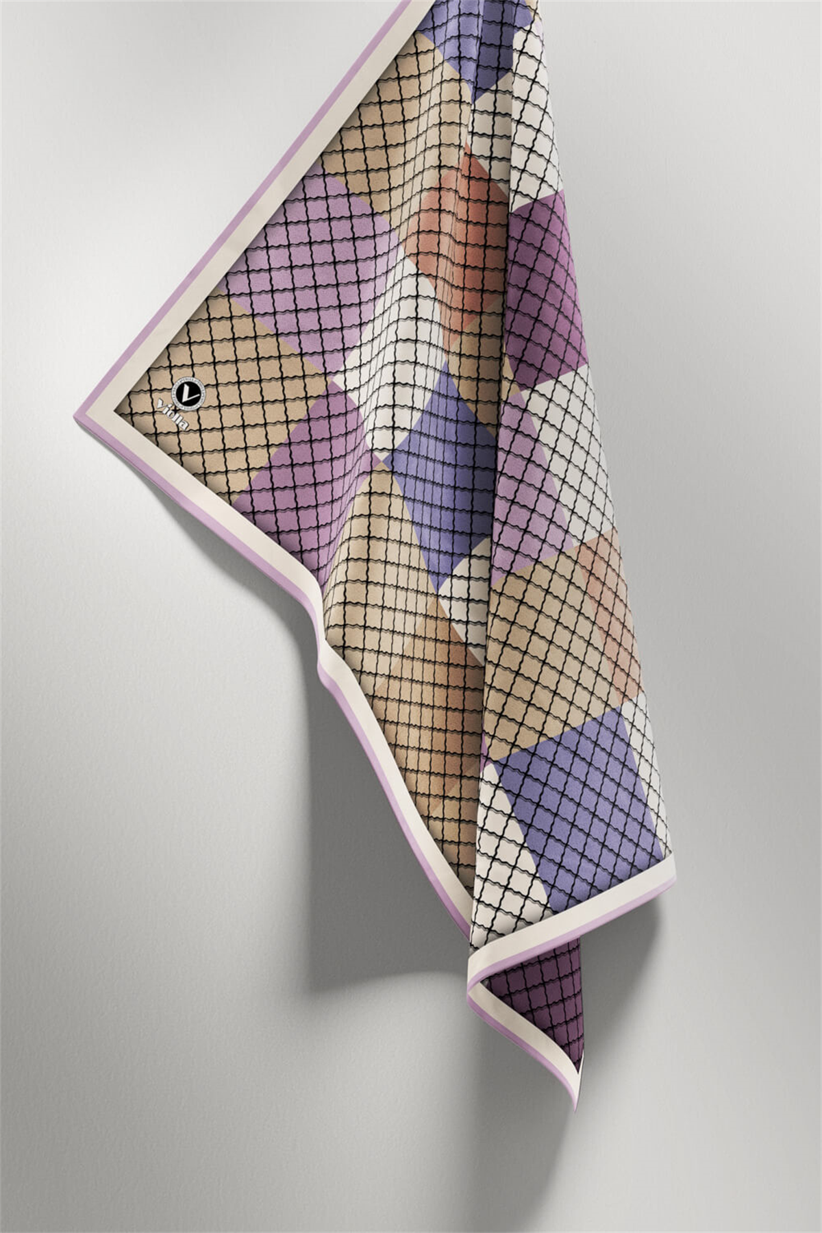 Twill Kare Desenli Lila Renkli 90x90 Eşarp (İpek İçermez) Kenar Dikiş Şekli El Dikişli