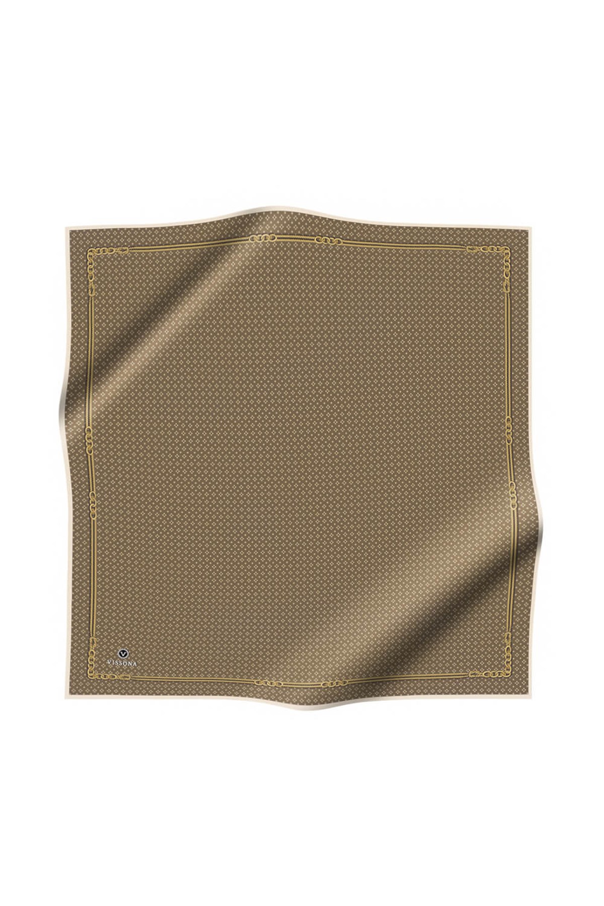 %57 İPEK %43 VİSKON Twill İpek Zincir Desenli Vizon - Gold Renkli 90x90 Eşarp Dikim Şekli : El Dikişi