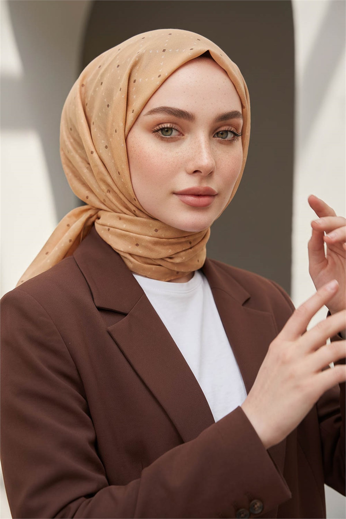 %100 Saf İpek Şal İnce Saten Vual Dokuma Geometrik Desenli Hardal - Kahverengi Renkli 90x210 Şal