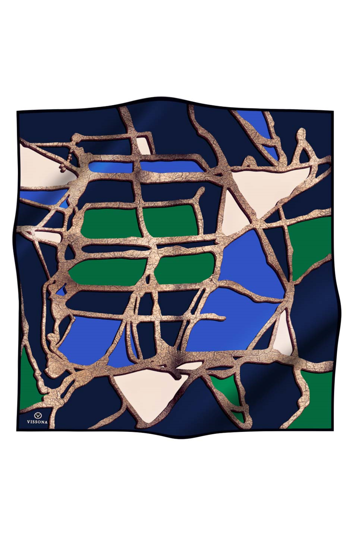 % 57 İPEK % 43 VİSKON Twill İpek Gold Efektli Geometrik Desenli Lacivert - Zümrüt Yeşili Renkli 90x90 Eşarp Dikim Şekli : El Dikişi