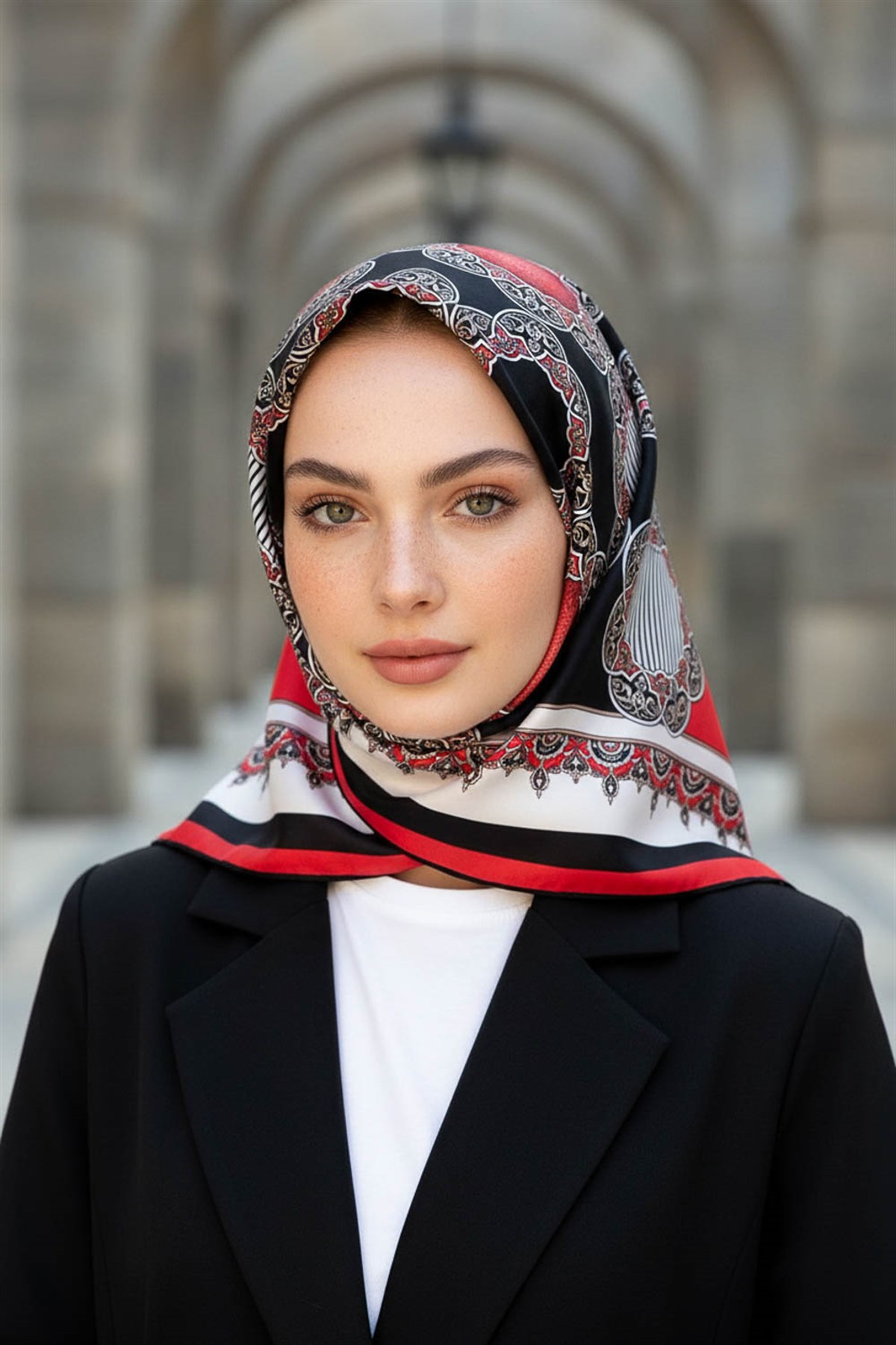 %100 Twill Türk Motifi  Desenli Siyah - Kırmızı Renkli 90x90 Eşarp Dikim Şekli: El Dikişi