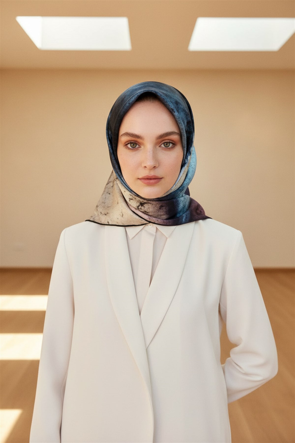 % 57 İPEK % 43 VİSKON Twill İpek Dokulu Ve Geometrik Desenli Mint Yeşili - Lila Renkli 90x90 Eşarp Dikim Şekli : El Dikişi