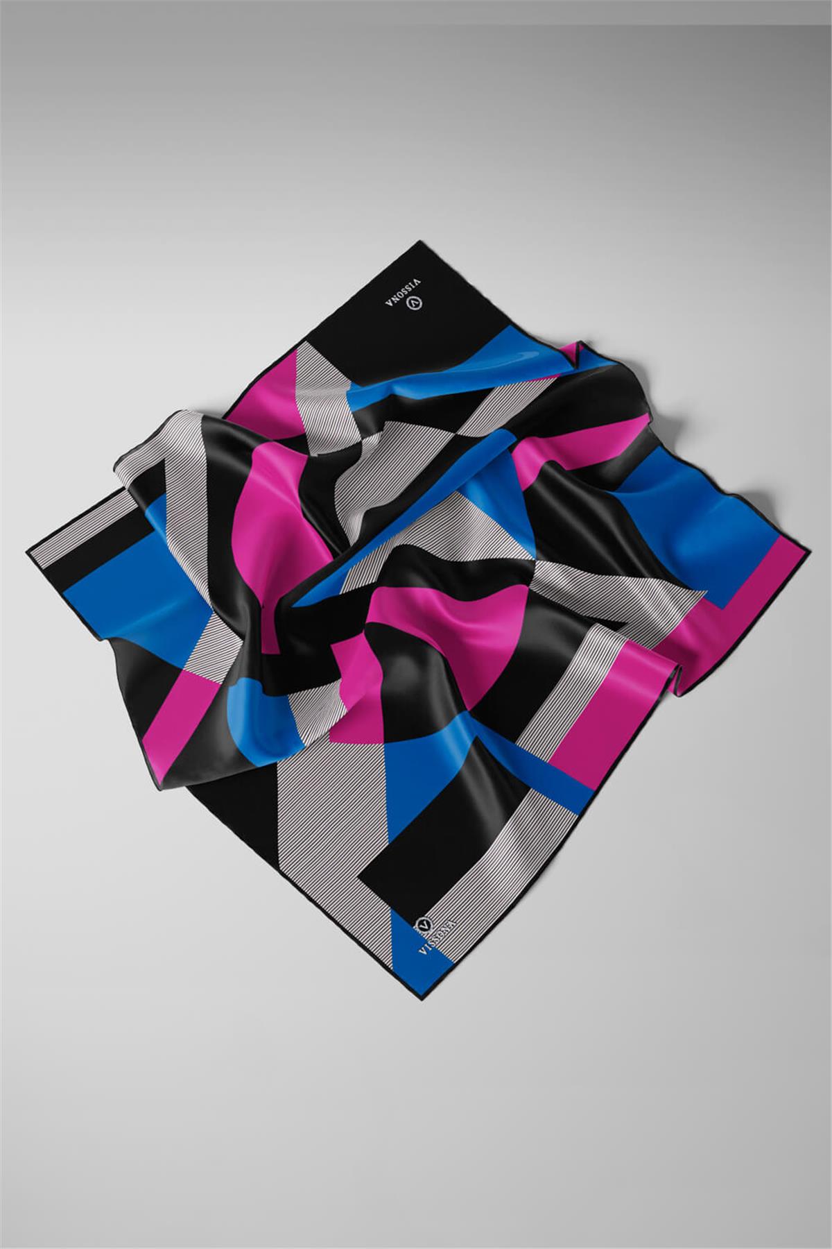%100 Twill İpek Geometrik Çizgi Desenli Saks - Fuşya Renkli 90x90 Eşarp Kenar Dikiş Şekli El Dikişli