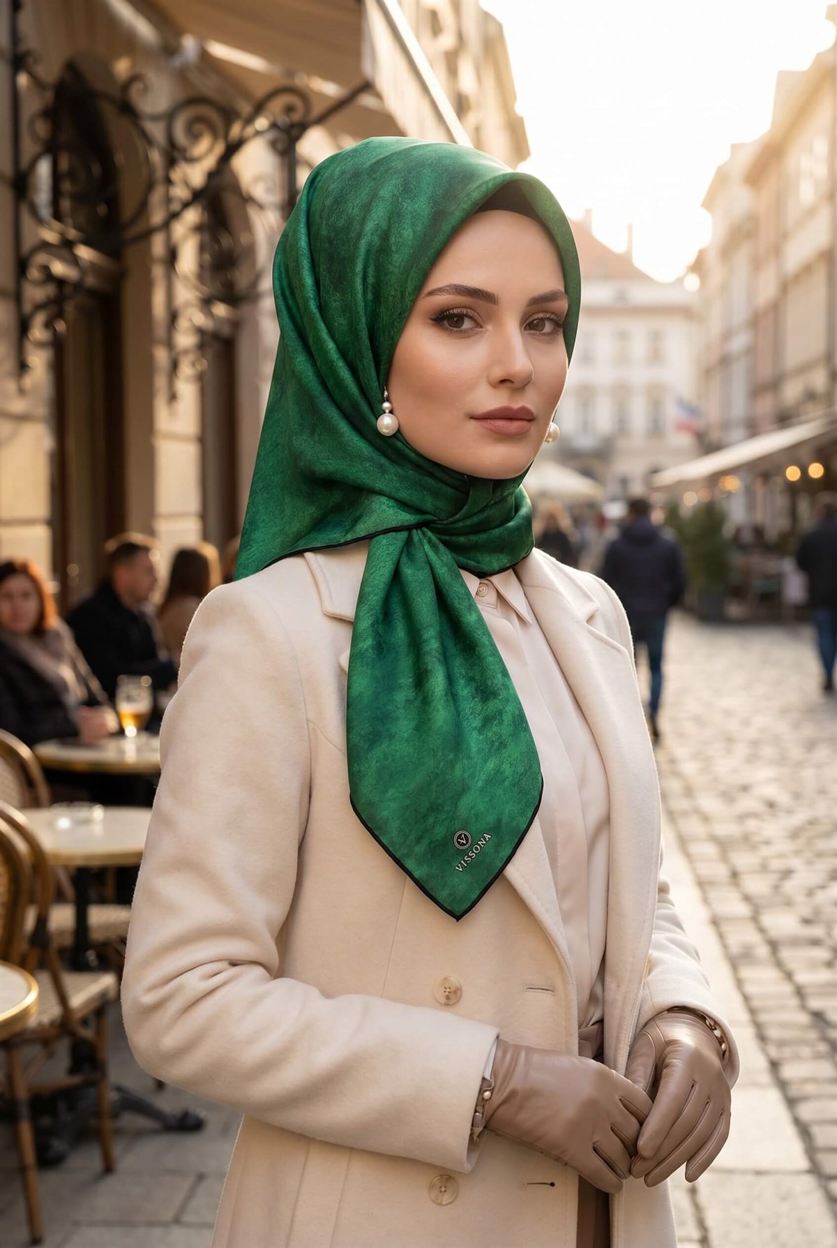 %100 Twill İpek Doku Desenli Zümrüt Yeşili Renkli 90x90 Eşarp Dikim Şekli : El Dikişi
