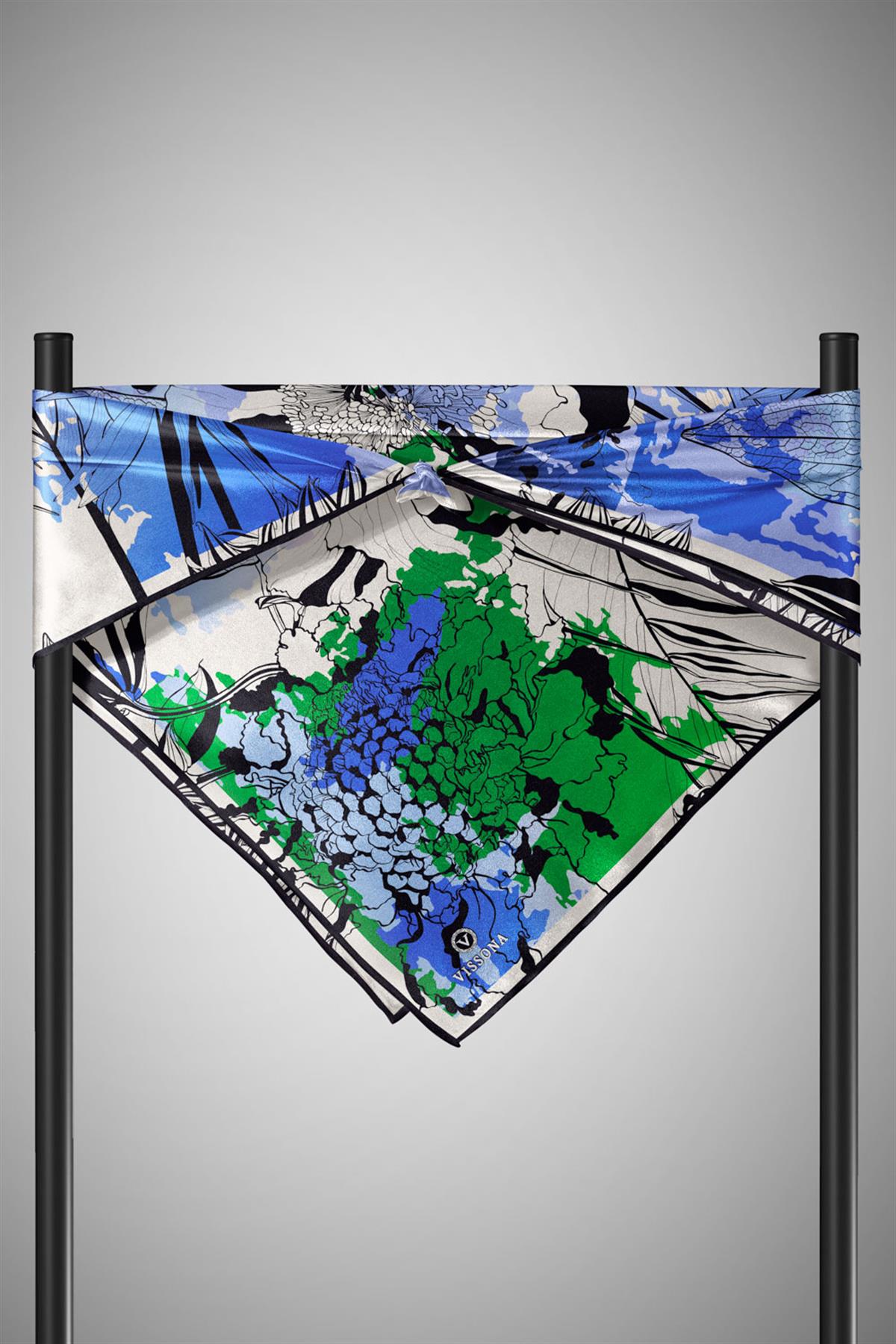 %100 Twill İpek Yaprak Desenli Saks - Zümrüt Yeşili Renkli 90x90 Eşarp Dikim Şekli : El Dikişi