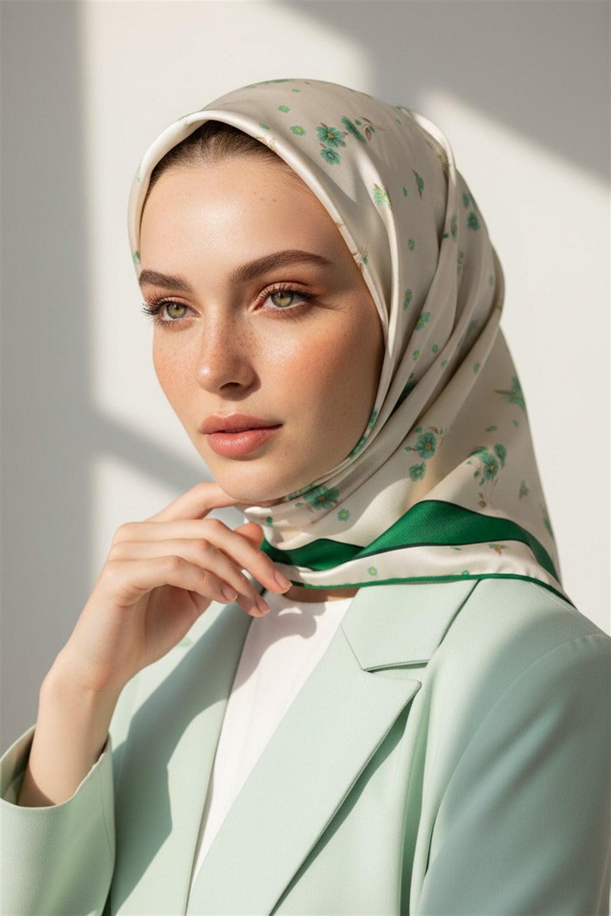 100% Twill İpek Bordürlü Çıtır Çiçek Desenli Zümrüt Yeşili Renkli 90x90 Dikim Şekli : El Dikişi Eşarp