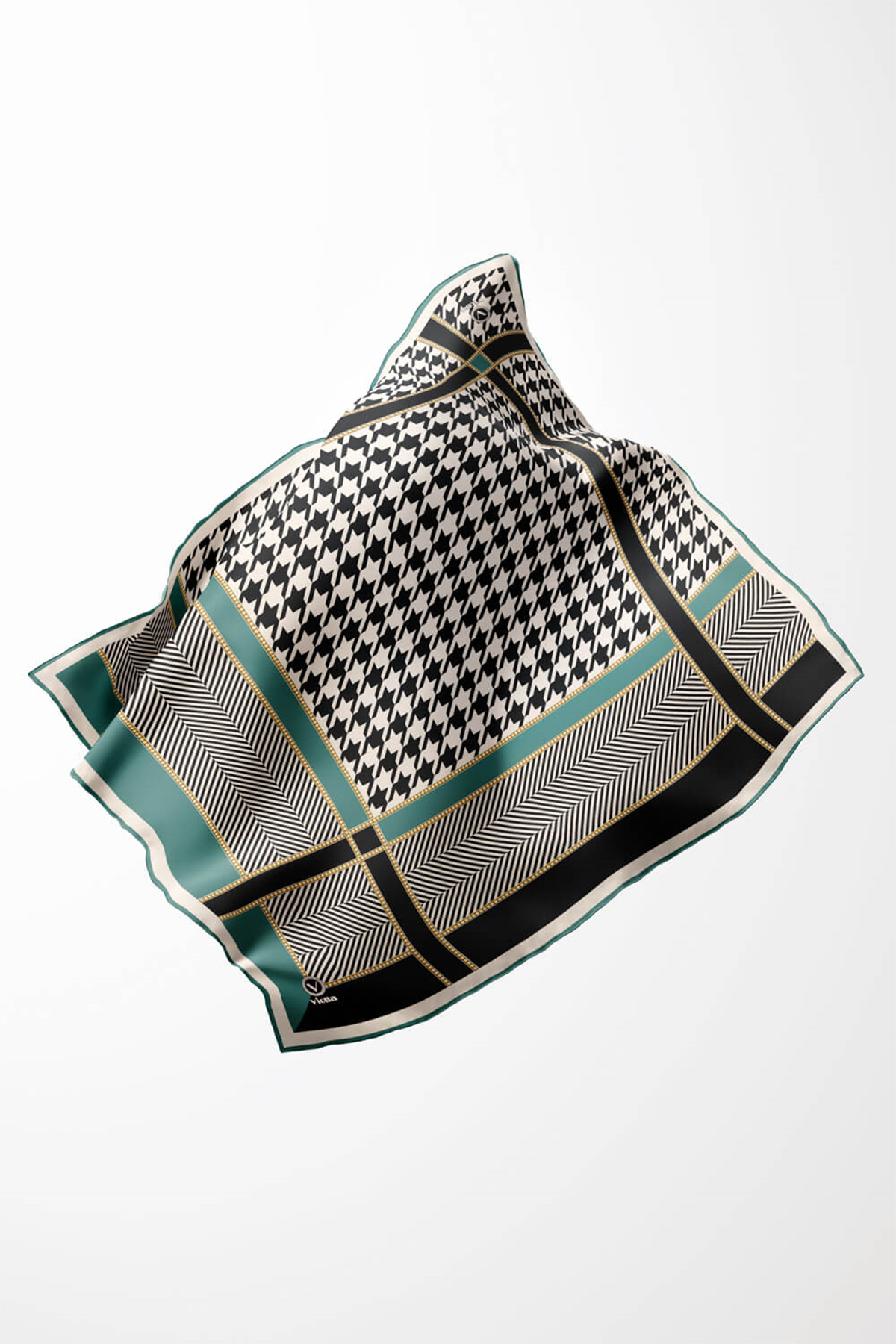 Twill Kazayağı Desenli Koyu Mint Yeşili Renkli 90x90 Eşarp (İpek İçermez) Kenar Dikiş Şekli El Dikişli