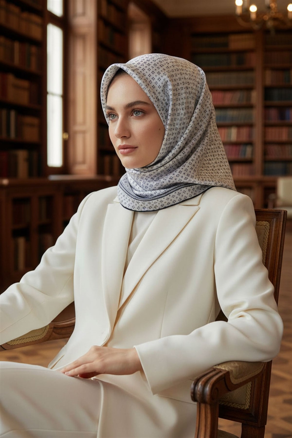 %57 İPEK %43 VİSKON Twill İpek Zincir Desenli Gümüş - Siyah Renkli 90x90 Eşarp Dikim Şekli : El Dikişi