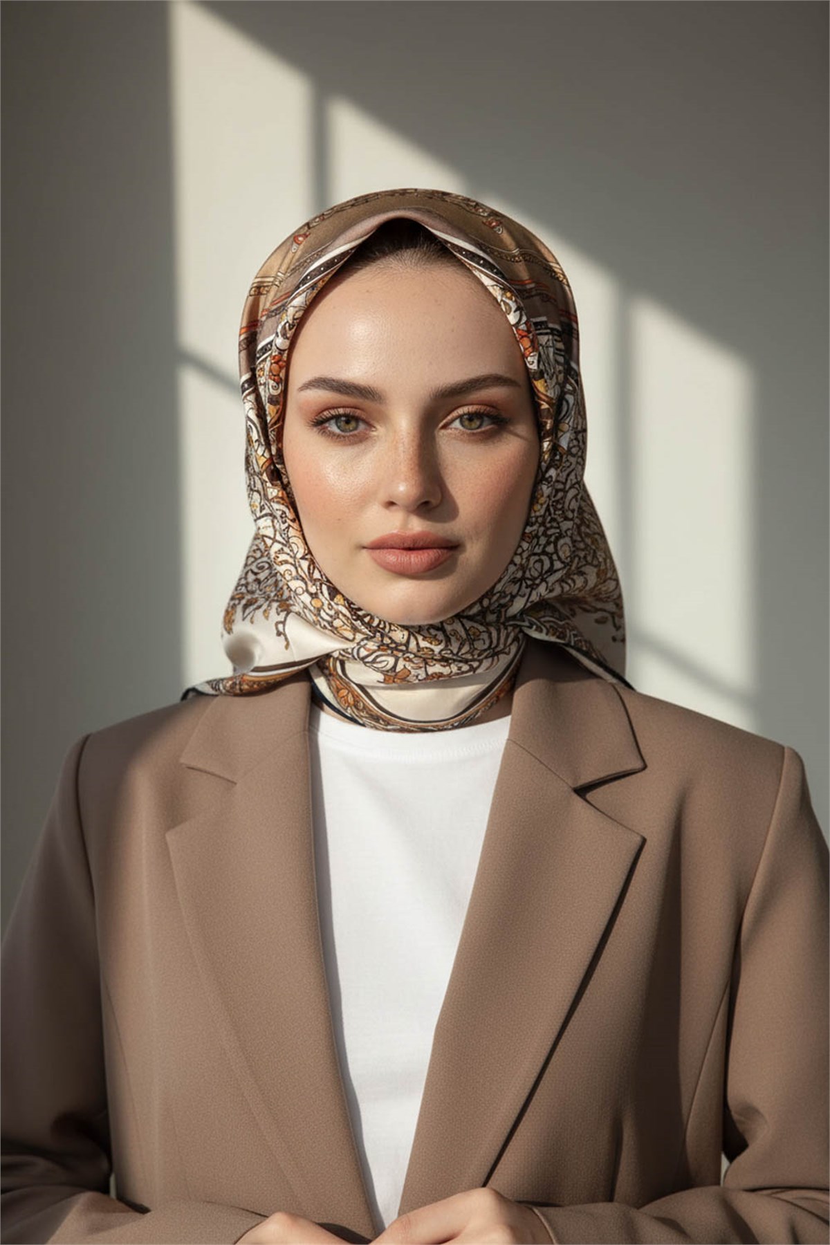 %100 Twill İpek Şal Desenli Bej Renkli 90x90 Eşarp Dikim Şekli : El Dikişi