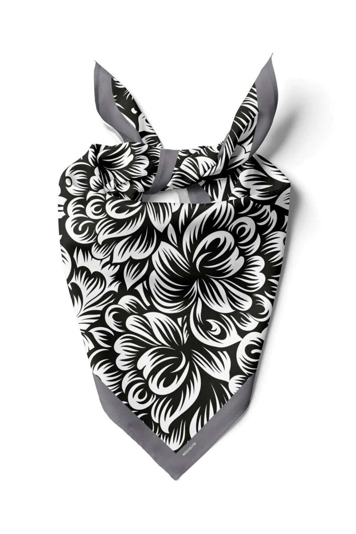 A80 Kadın Çiçek Desenli Bandana 50x50 Siyah Beyaz DG0409-22