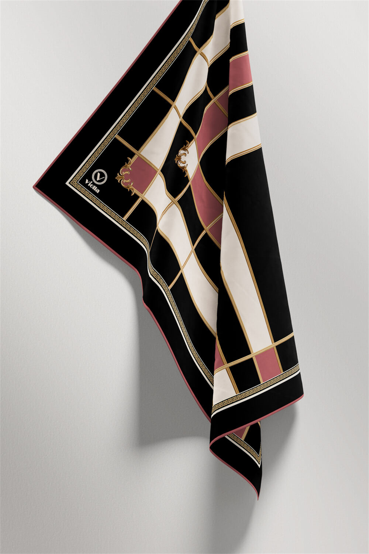Twill Gold Detaylı Kareli Desenli Pudra Renkli 90x90 Eşarp (İpek İçermez) Kenar Dikiş Şekli El Dikişli