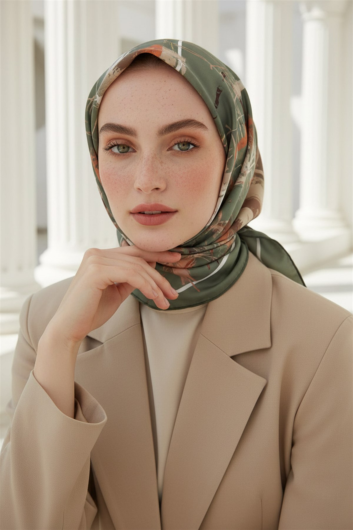 % 57 İPEK % 43 VİSKON Twill İpek Geometrik Desenli Çağla - Bakır Renkli 90x90 Eşarp Dikim Şekli : El Dikişi