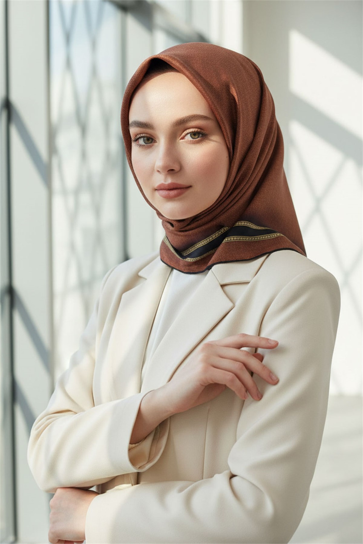 % 57 İPEK % 43 VİSKON Twill İpek Dokulu Şerit Desenli Siyah - Taba Renkli 90x90 Eşarp Dikim Şekli : El Dikişi