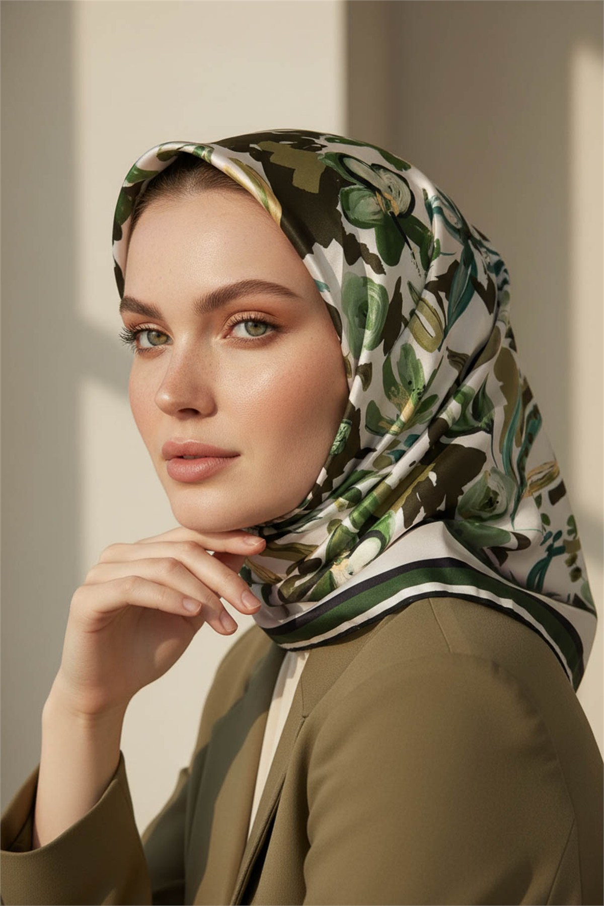 Rayon Çiçek Desenli Zümrüt Yeşili Renkli 90x90 Dikim Şekli : El Dikişi Eşarp (İpek İçermez)