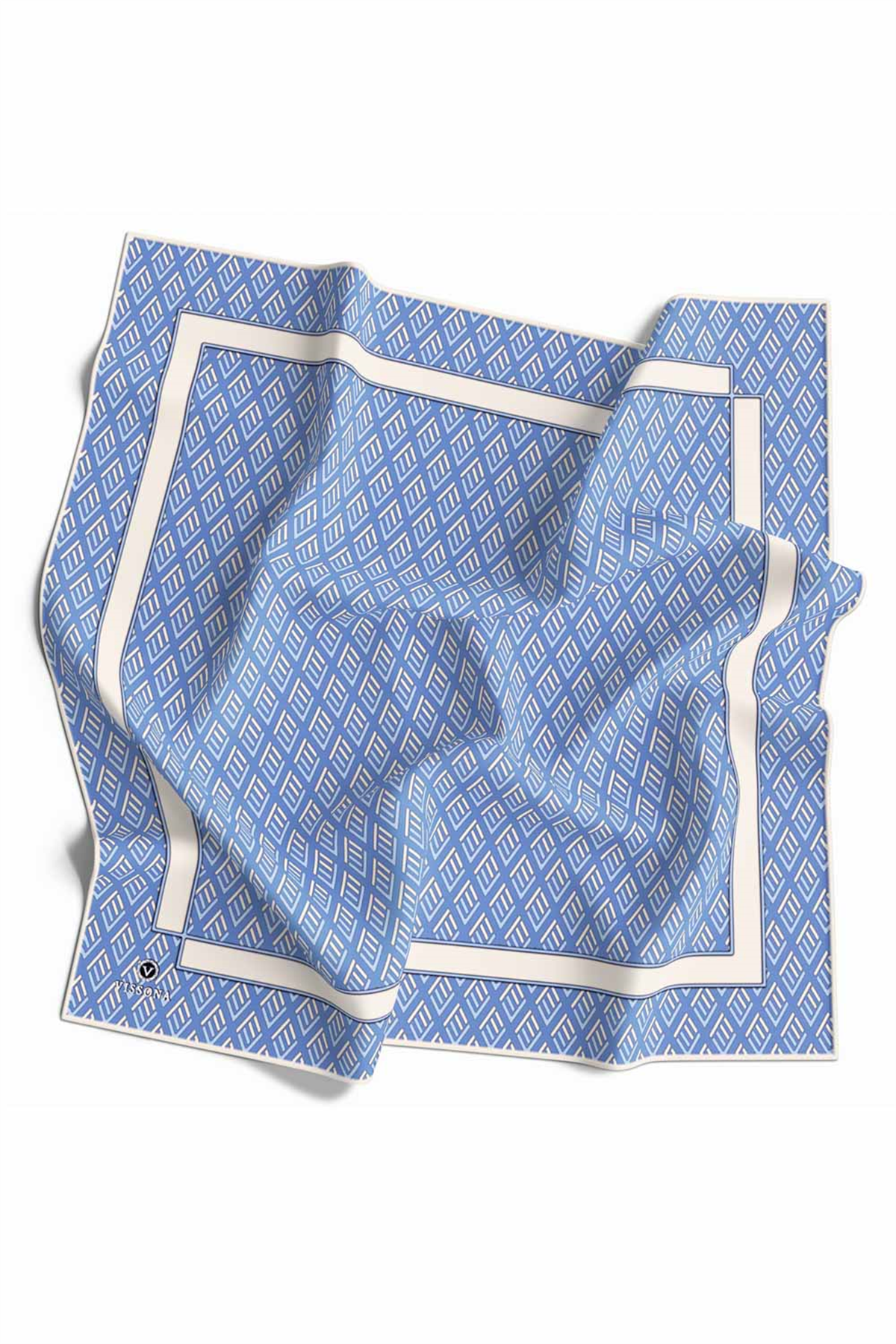 % 57 İPEK % 43 VİSKON Twill İpek Geometrik Desenli İndigo - Krem Renkli 90x90 Eşarp Dikim Şekli : El Dikişi