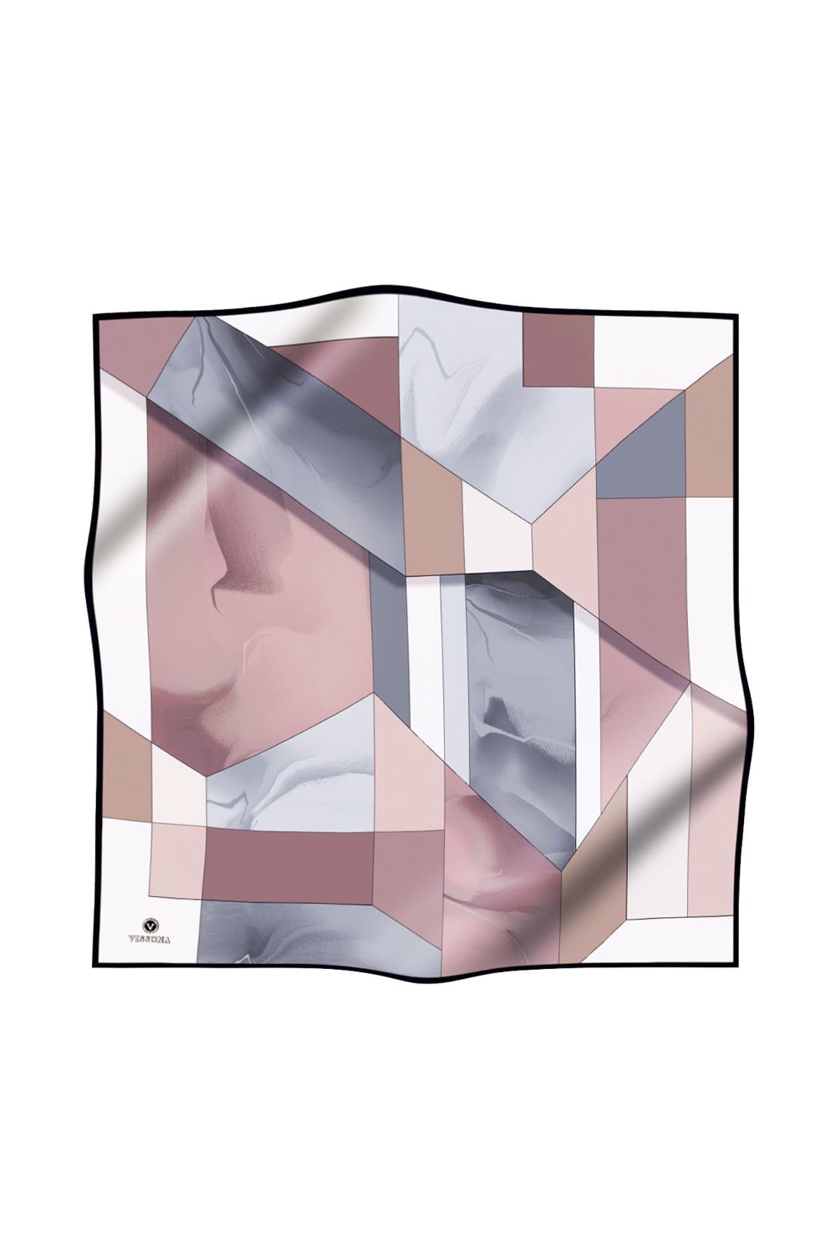%100 Twill İpek Geometrik Desenli Pudra - Gri Renkli 90x90 Eşarp Dikim Şekli : El Dikişi